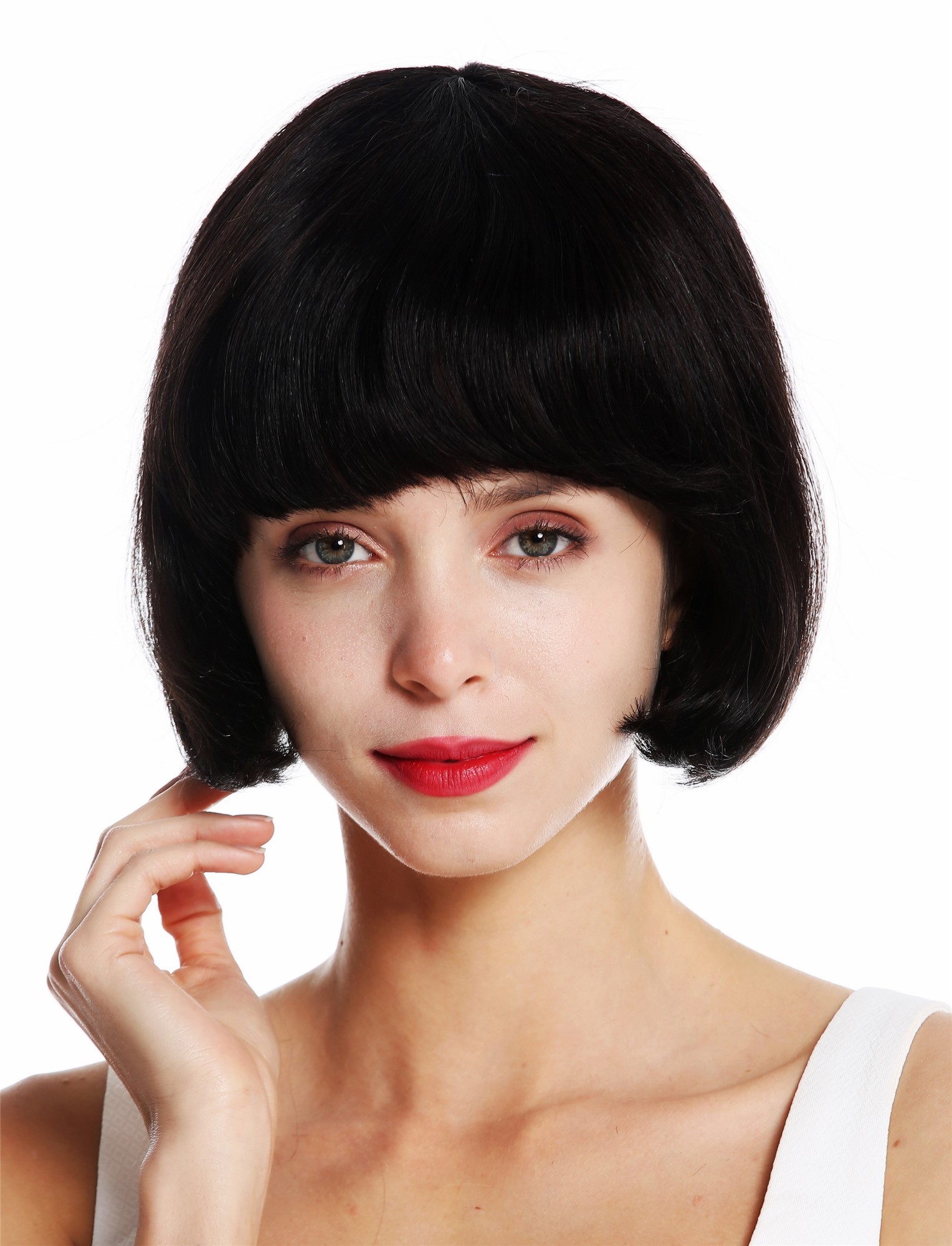 hochwertige Qualitätsperücken, Perücke Echthaar kurz Bob glatt Pony Schwarz VK-57-HH-1B, Vorderansicht, WIG ME UP: Ihr Perücken Online Shop glatte Tressen-Perücke Echthaar Samtschwarz kurze Haare für Damen