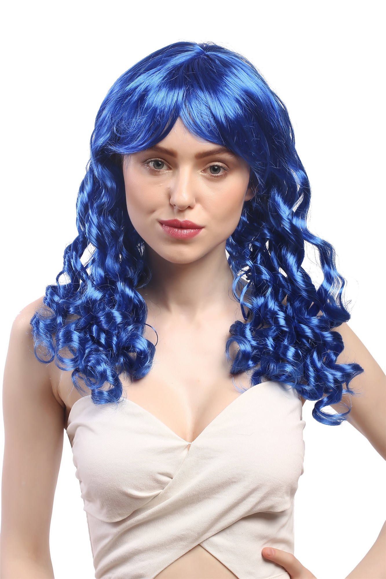 Lady Party Wig Halloween Gothic Lolita long baroque colonial romantic corkscrew curls coils blue, view 2, WIG ME UP: Your Perücken Online Shop Party Wig, Ladies, neon blue, curled, long