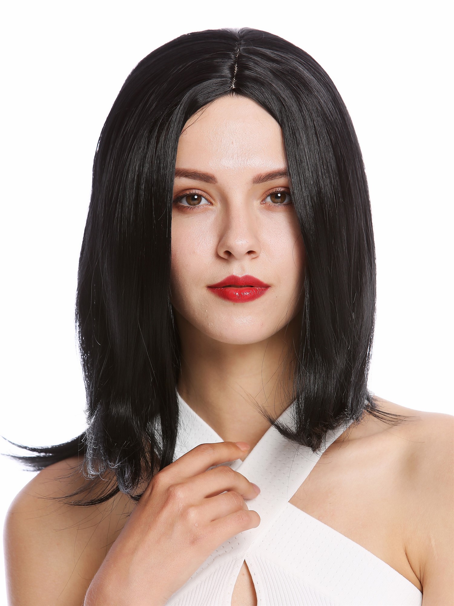 hochwertige Qualitätsperücken, Perücke kurz Longbob Scheitel Schwarz YZF-4358-1, Ansicht 2, WIG ME UP: Ihr Perücken Online Shop glatte Tressen-Perücke mit Kopfhaut-Imitat Schwarz schulterlange Haare für Damen
