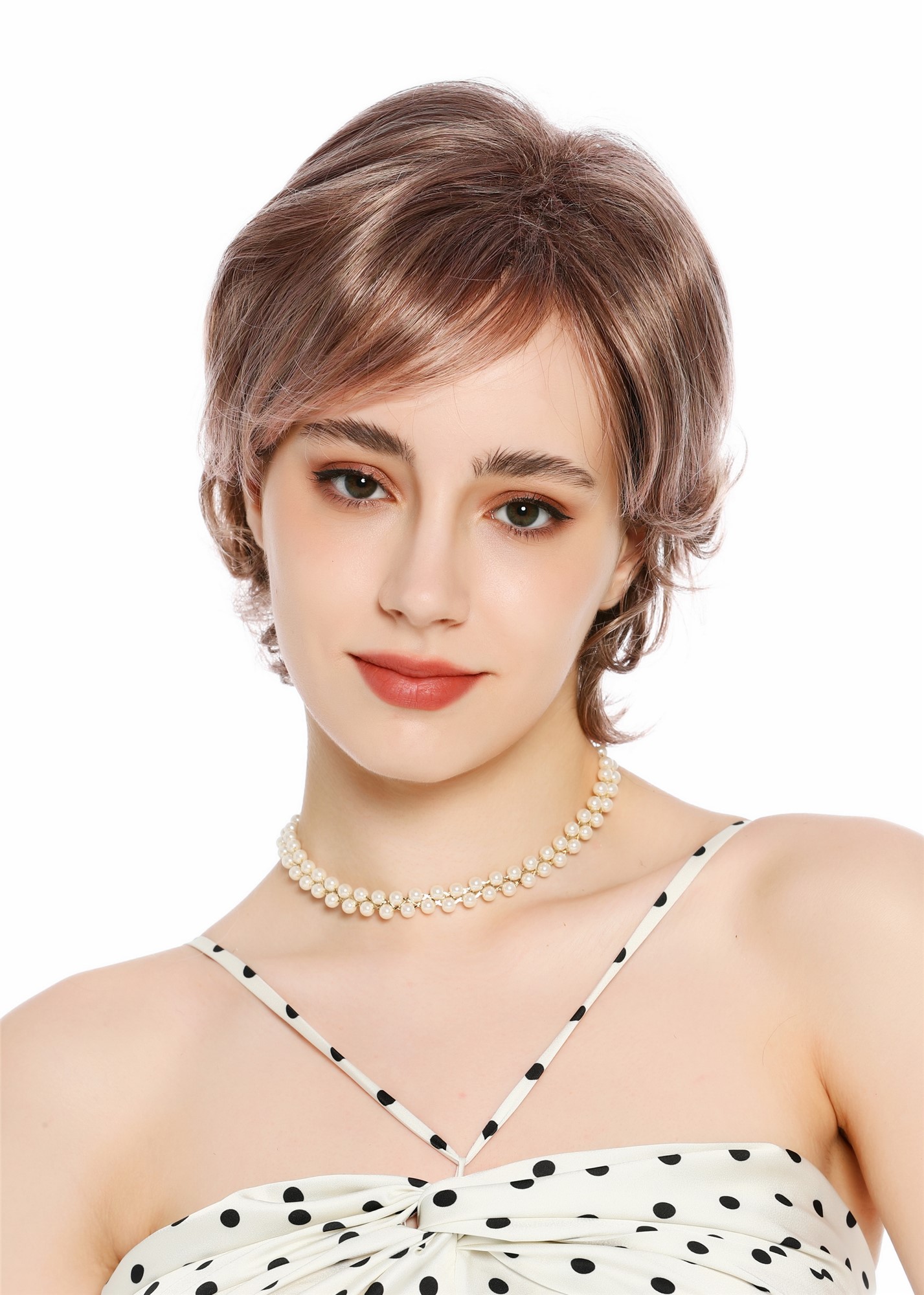 Perücke Damen kurz adrett gewellt Scheitel Blond Mix rosa Highlights VK-69-2215T