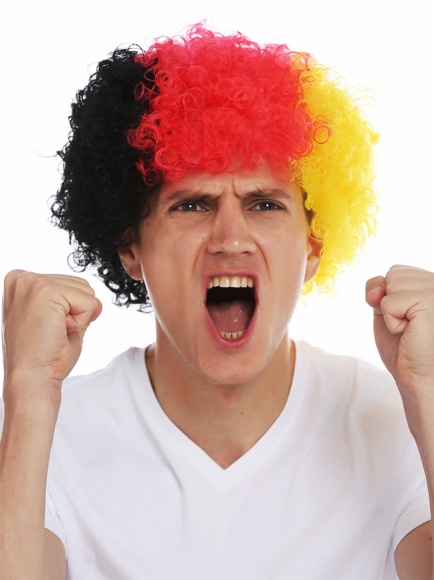 Fan wig carnival afro soccer football world cup Germany black red gold MMAM-15M, front view, WIG ME UP: Your Perücken Online Shop Party Wig, Unisex, Black, Red, Yellow, curled, short