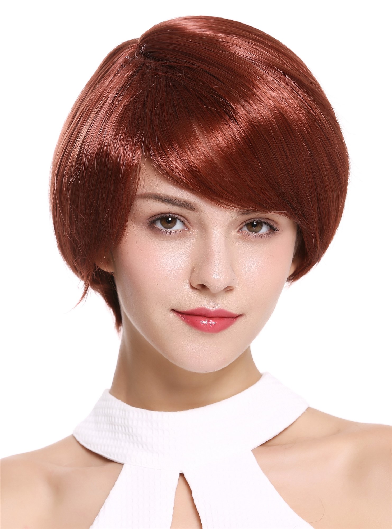 Lady Woman Wig Longbob Bob short straight red copper red long fringe parted 6082, front view, WIG ME UP: Your Perücken Online Shop Quality Wigs, Ladies, copper, straight, short