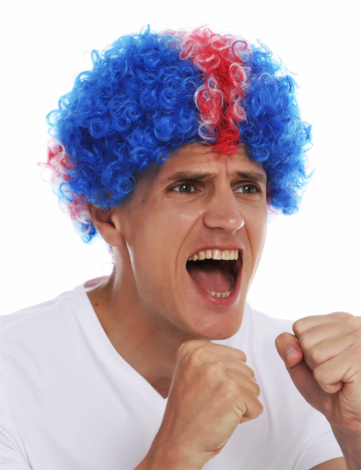 Fan wig afro soccer football Blue white red cross Union Jack Island MMAM-15M , front view, WIG ME UP: Your Perücken Online Shop Party Wig, Unisex, blue-red-white mix, curled, short