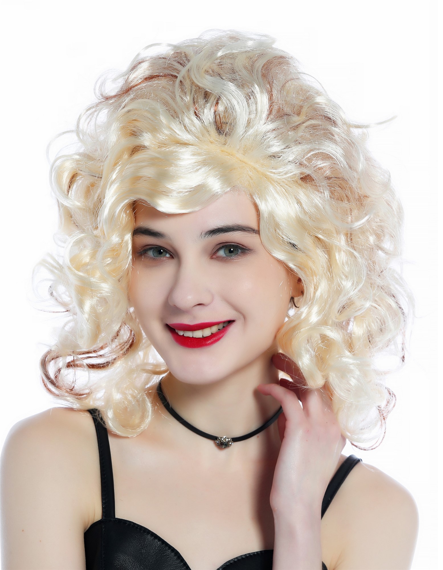günstige Party Perücke, Perücke lockig Scheitel Hellblond braune Strähnen 91873-P88-P33A, Vorderansicht, WIG ME UP: Ihr Perücken Online Shop lockige Party Perücke Blond mit Mahagoni strähnen schulterlange Haare für Damen