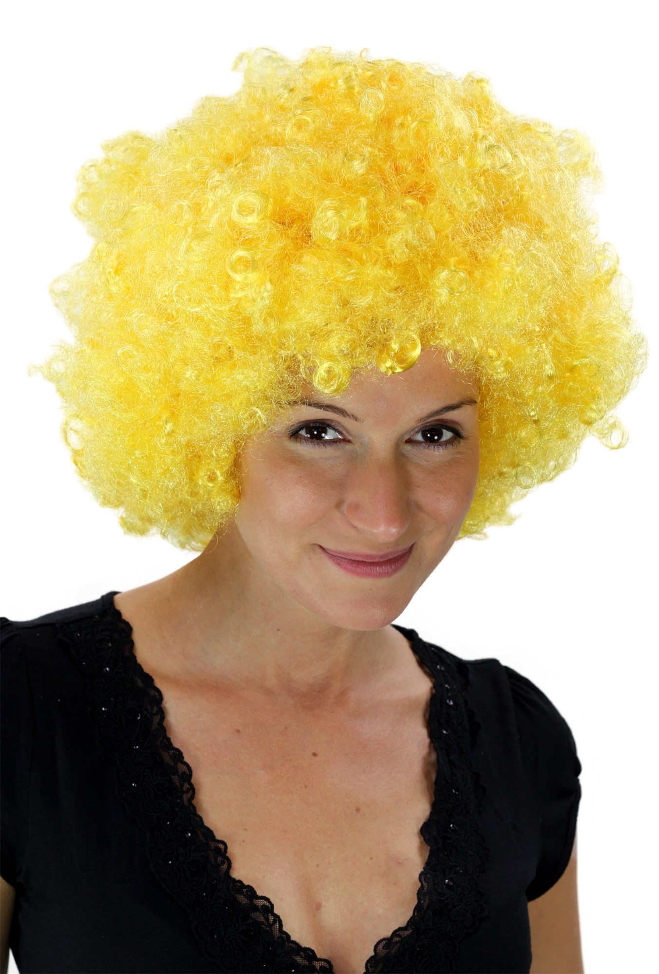 günstige Party Perücke, Afro Perücke 70er Jahre Party Neon Gelb Disco PW0011-PC2B, Vorderansicht, WIG ME UP: Ihr Perücken Online Shop lockige Party Perücke Neongelb kurze Haare Unisex