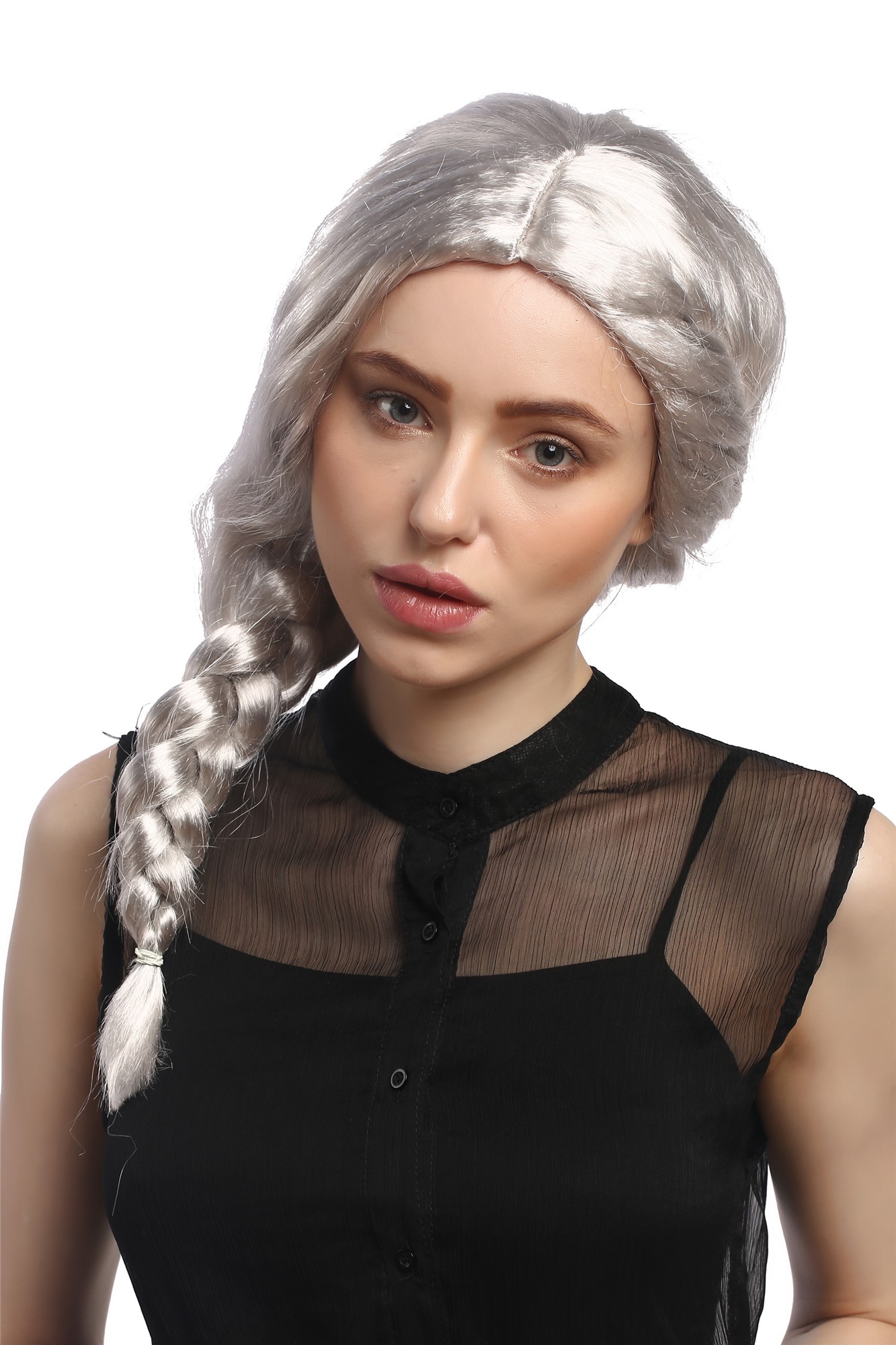 Lady Wig grey middle parting long braided ponytail fairy godmother witch 08050A, front view, WIG ME UP: Your Perücken Online Shop Party Wig, Ladies, Grey, Braided, long