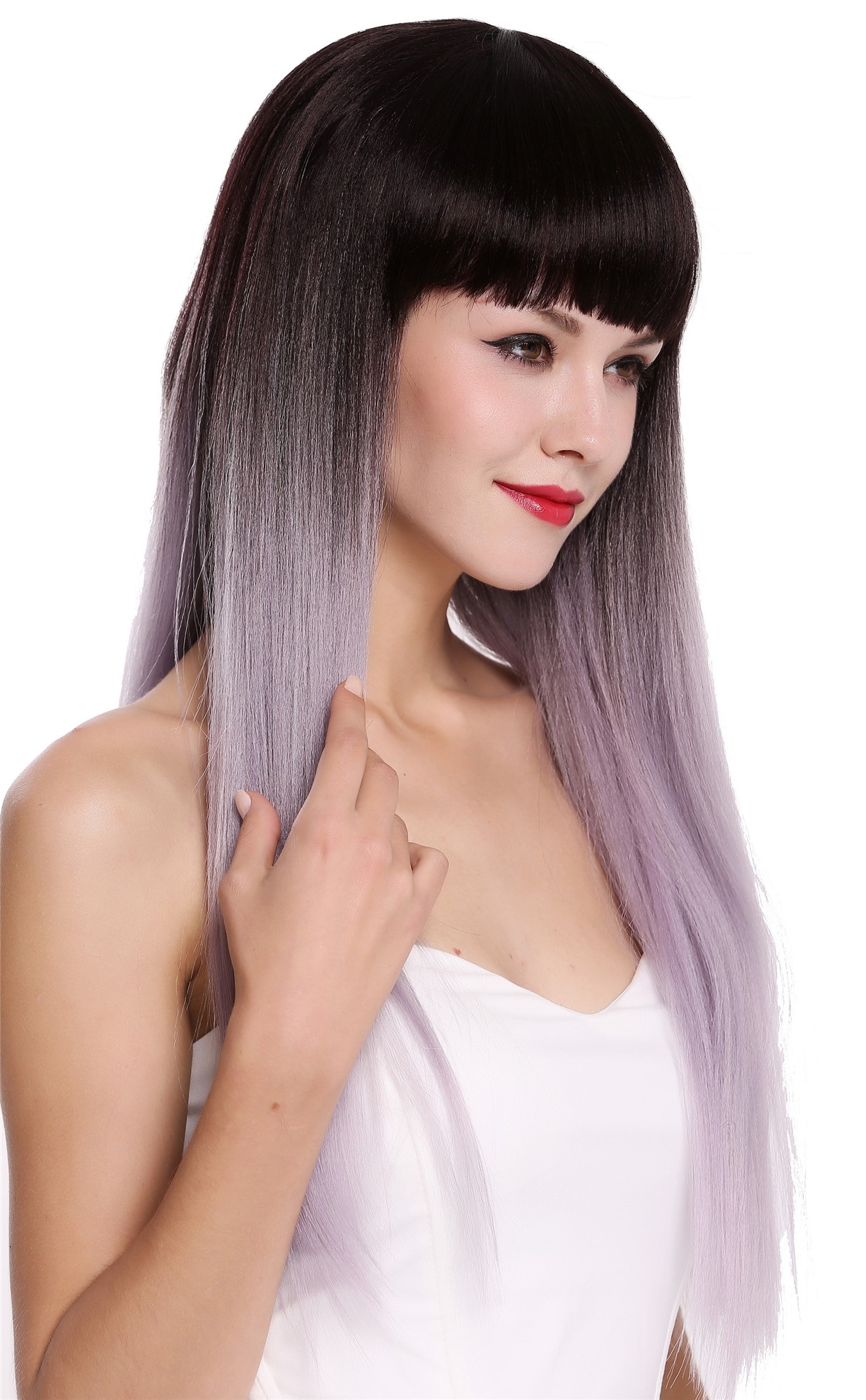 hochwertige Qualitätsperücken, Perücke Lang Glatt Pony Ombre Braun Lila Grau RGF-6190-T4/GRAY, Ansicht 2, WIG ME UP: Ihr Perücken Online Shop glatte Tressen-Perücke mit Kopfhaut-Imitat Dunkelbraun Lila Grau Mix lange Haare für Damen
