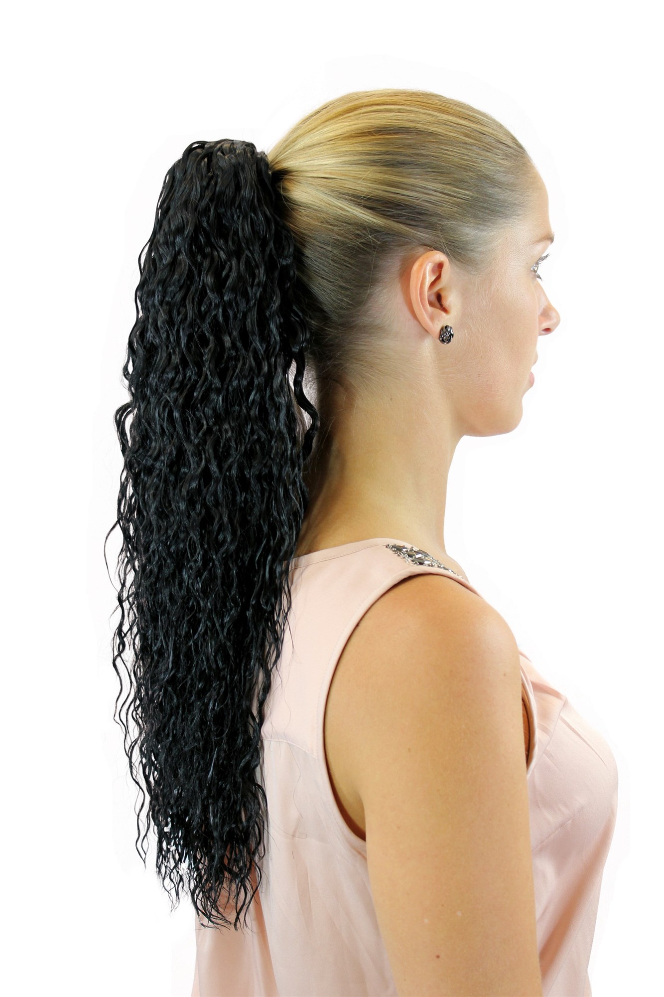 JL-602-1B Ponytail Hairpiece extension long waved wavy black claw clamp 21", view 3, WIG ME UP: Your Perücken Online Shop Ponytails, velvet black, wavy, long