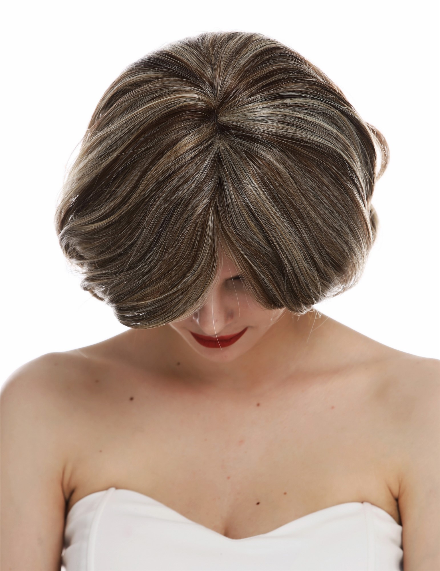 hochwertige Qualitätsperücken, Perücke Monofilament kurz wellig Braun Blond gesträhnt TYM-112-MT-CHOCO, Ansicht 4, WIG ME UP: Ihr Perücken Online Shop wellige Tressen-Perücke mit Teil-Mono Oberkopf Braun-Blond-Mix kurze Haare für Damen