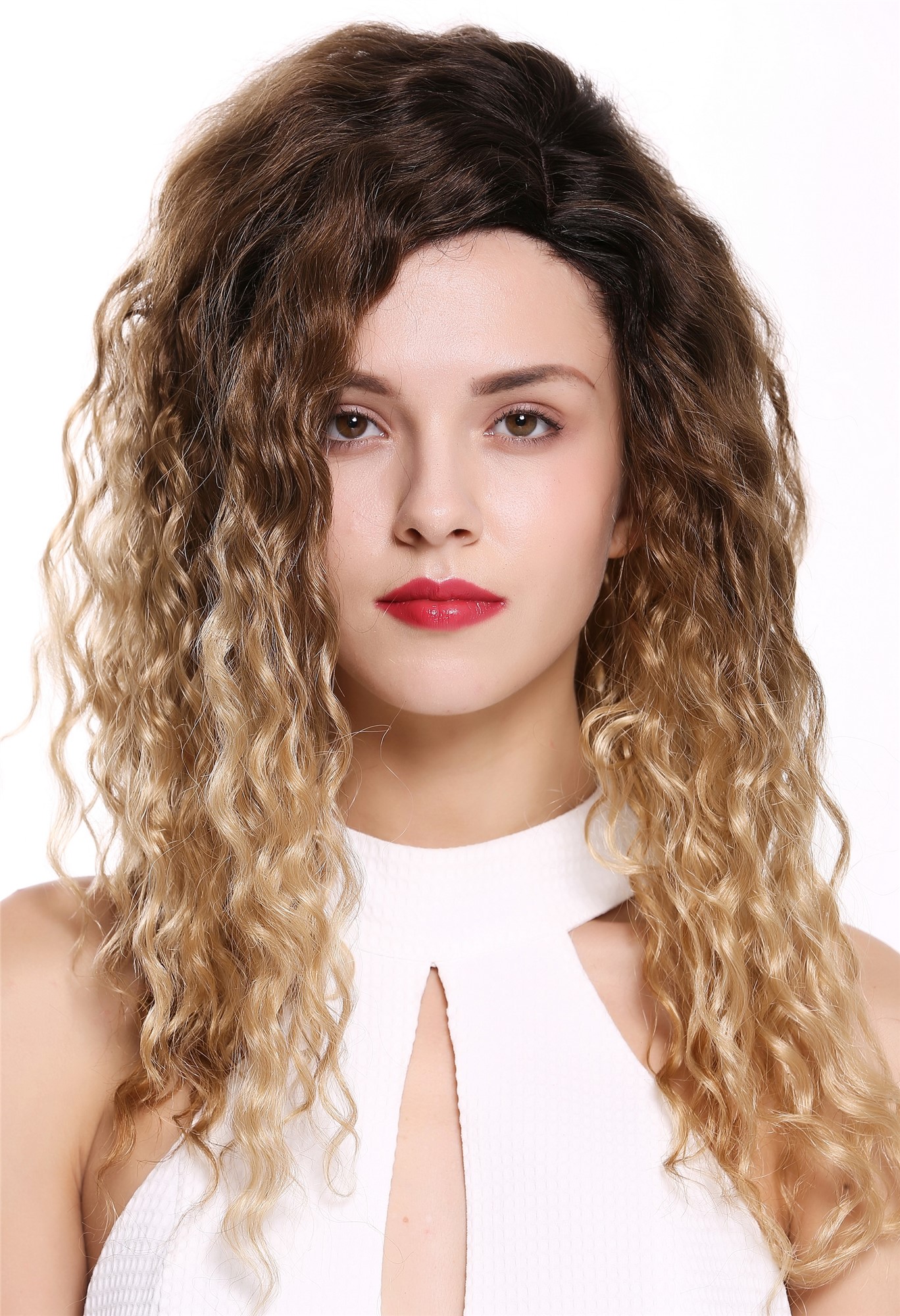 hochwertige Qualitätsperücken, Perücke Afro Locken gekreppt Seitenscheitel Ombre Braun-Blond-Mix 803AD-Y-SC1911, Vorderansicht, WIG ME UP: Ihr Perücken Online Shop lockige Tressen-Perücke mit Kopfhaut-Imitat Dunkelbraun-Goldblond-Kupferblond-Mix lange Haare für Damen