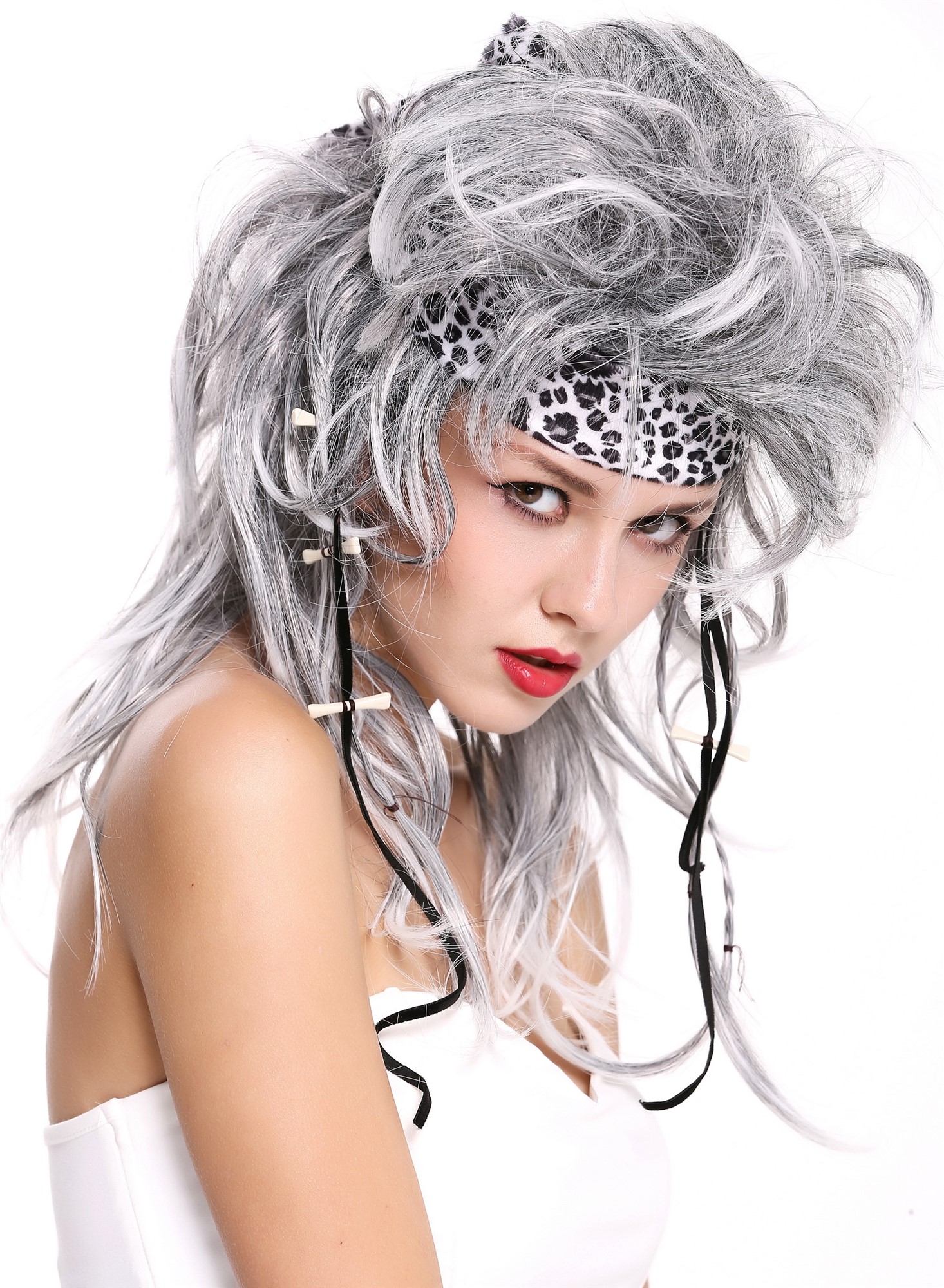 Wig wild mottled gray black headband 80s Stone Age Apocalyptic Warrior 91530, view 2, WIG ME UP: Your Perücken Online Shop Party Wig, Unisex, Grey, wavy, long