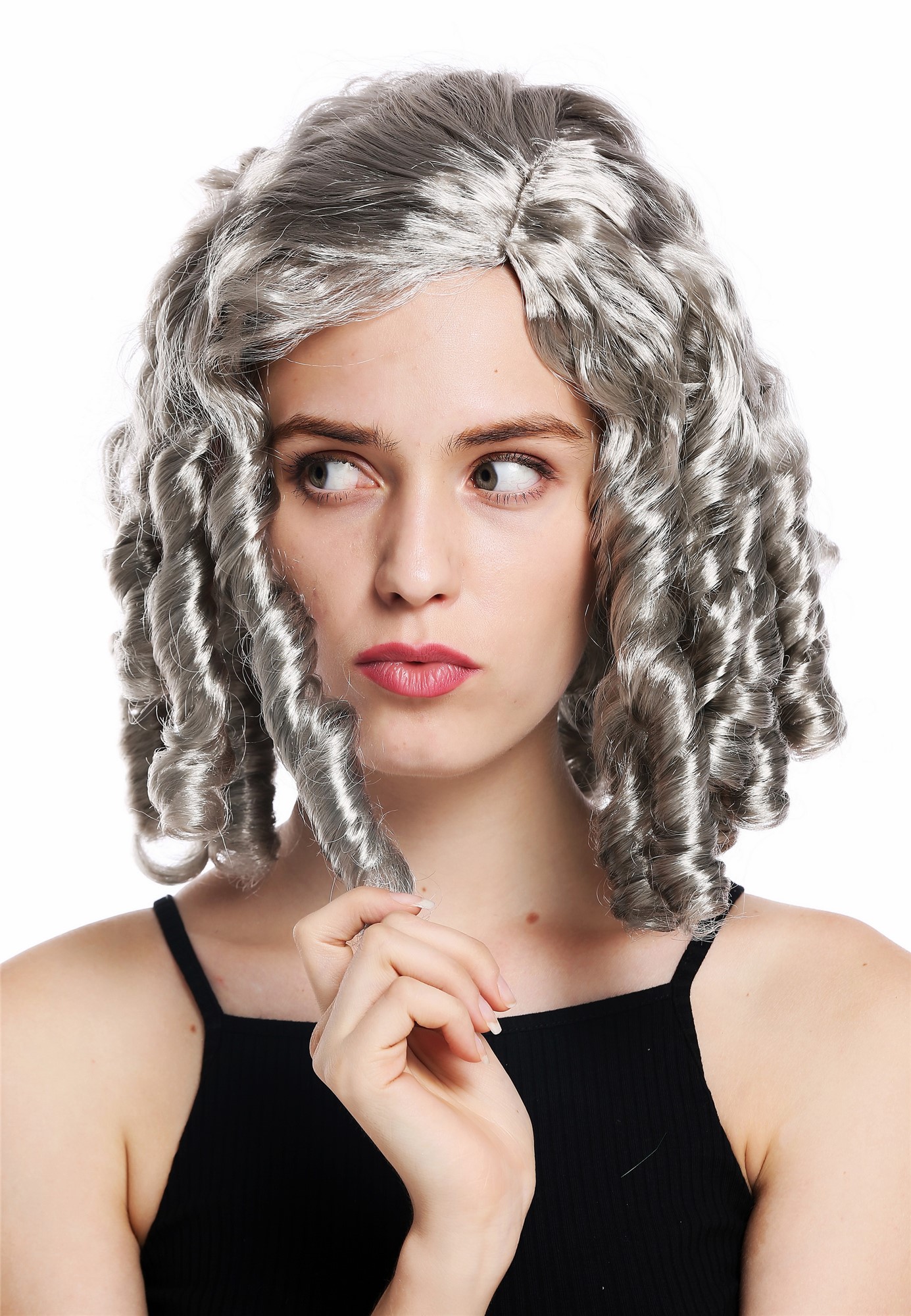 Women's party wig baroque Gothic Lolita cosplay corkscrew curls grey gray 91308, front view, WIG ME UP: Your Perücken Online Shop Party Wig, Ladies, silver gray, curled, shoulder-length