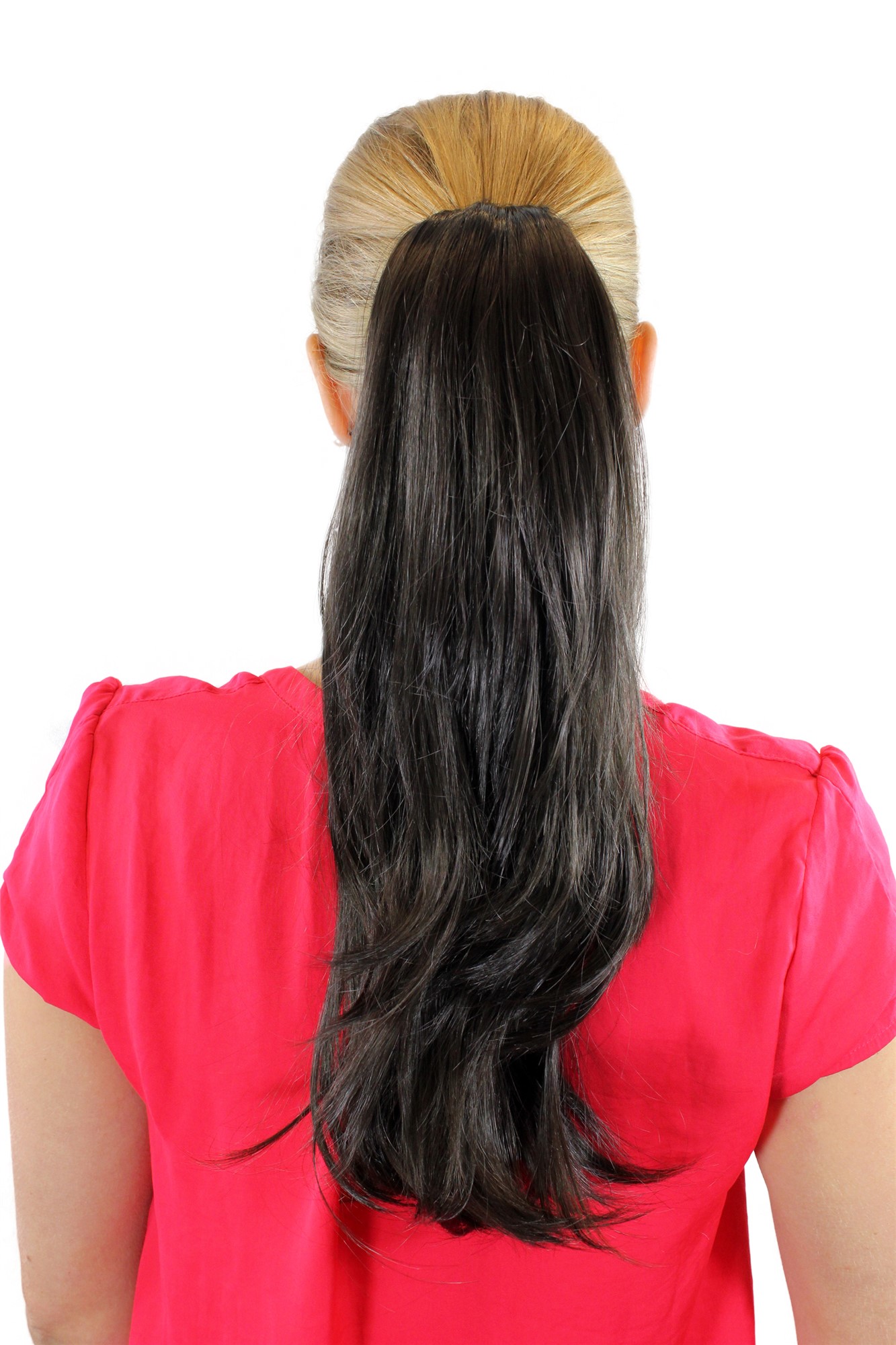 SPU-030-4 Ponytail Hairpiece extension long straight curving tips dark brown buttterfly claw grip 18", front view, WIG ME UP: Your Perücken Online Shop Ponytails, Brown, straight, shoulder-length
