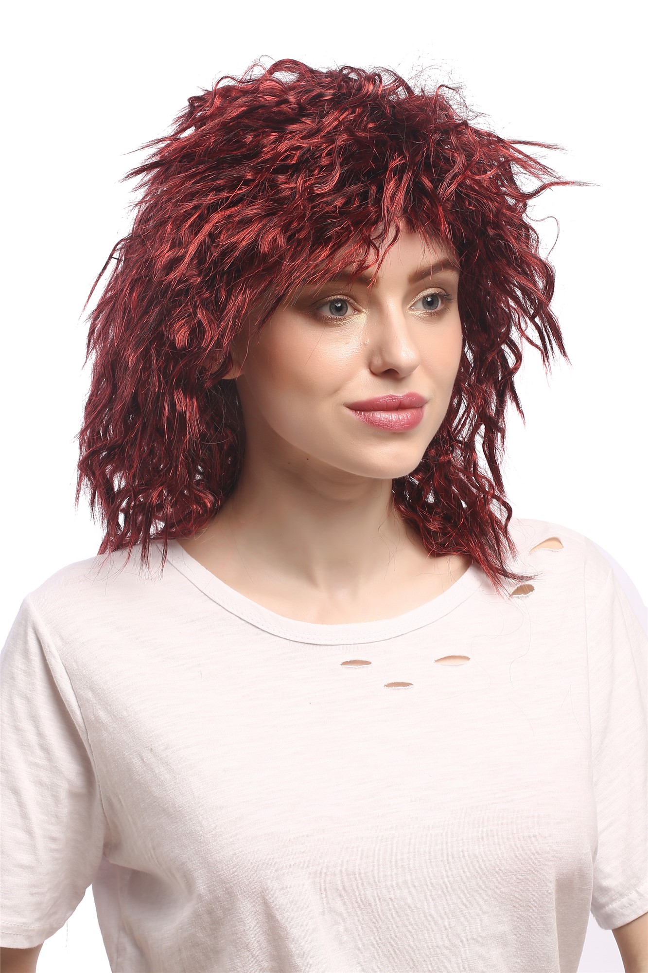 Lady Men Party Wig Fancy Dress kinky wild hair black brown strands Afro Caribbean look devil demon, front view, WIG ME UP: Your Perücken Online Shop Party Wig, Ladies, Red, curled, shoulder-length
