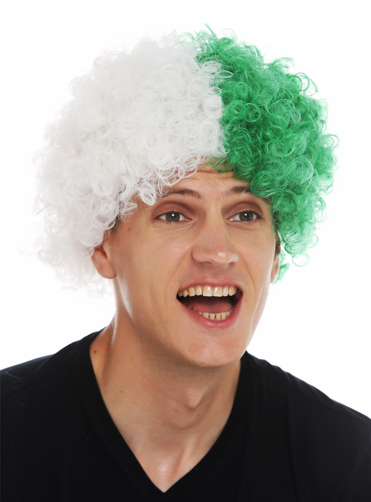 Fan wig carnival afro soccer football world cup white green half half MMAM-15M , view 3, WIG ME UP: Your Perücken Online Shop Party Wig, Unisex, green-white mix, curled, short