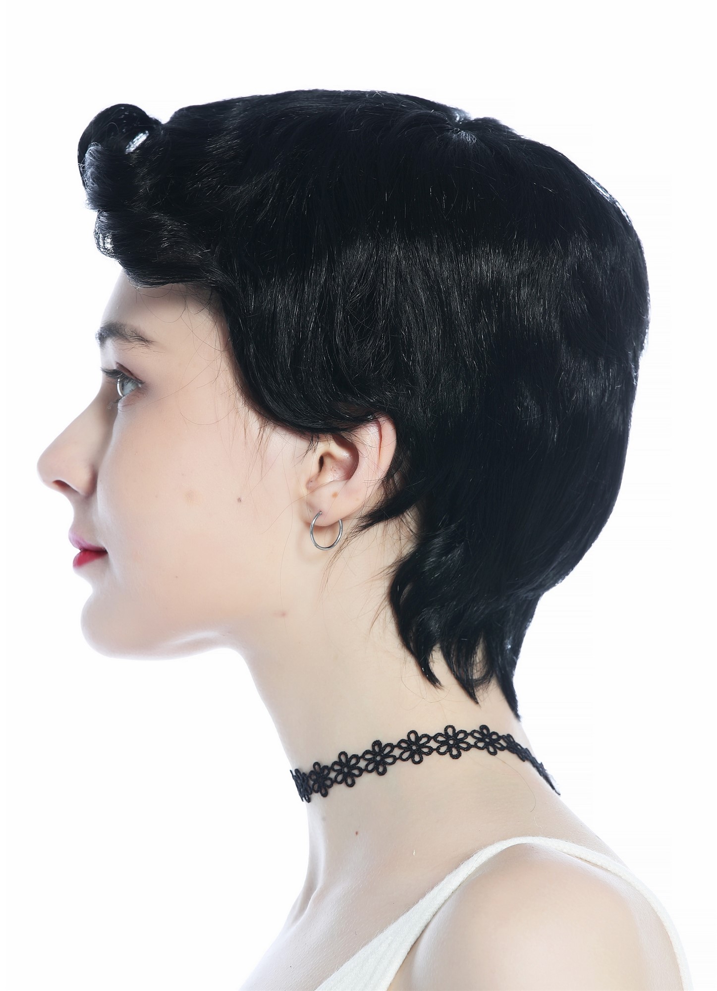 hochwertige Qualitätsperücken, Perücke unisex kurz glatt gelockte Tolle Schwarz DW3333-1, Ansicht 4, WIG ME UP: Ihr Perücken Online Shop lockige Tressen-Perücke Schwarz kurze Haare für Unisex