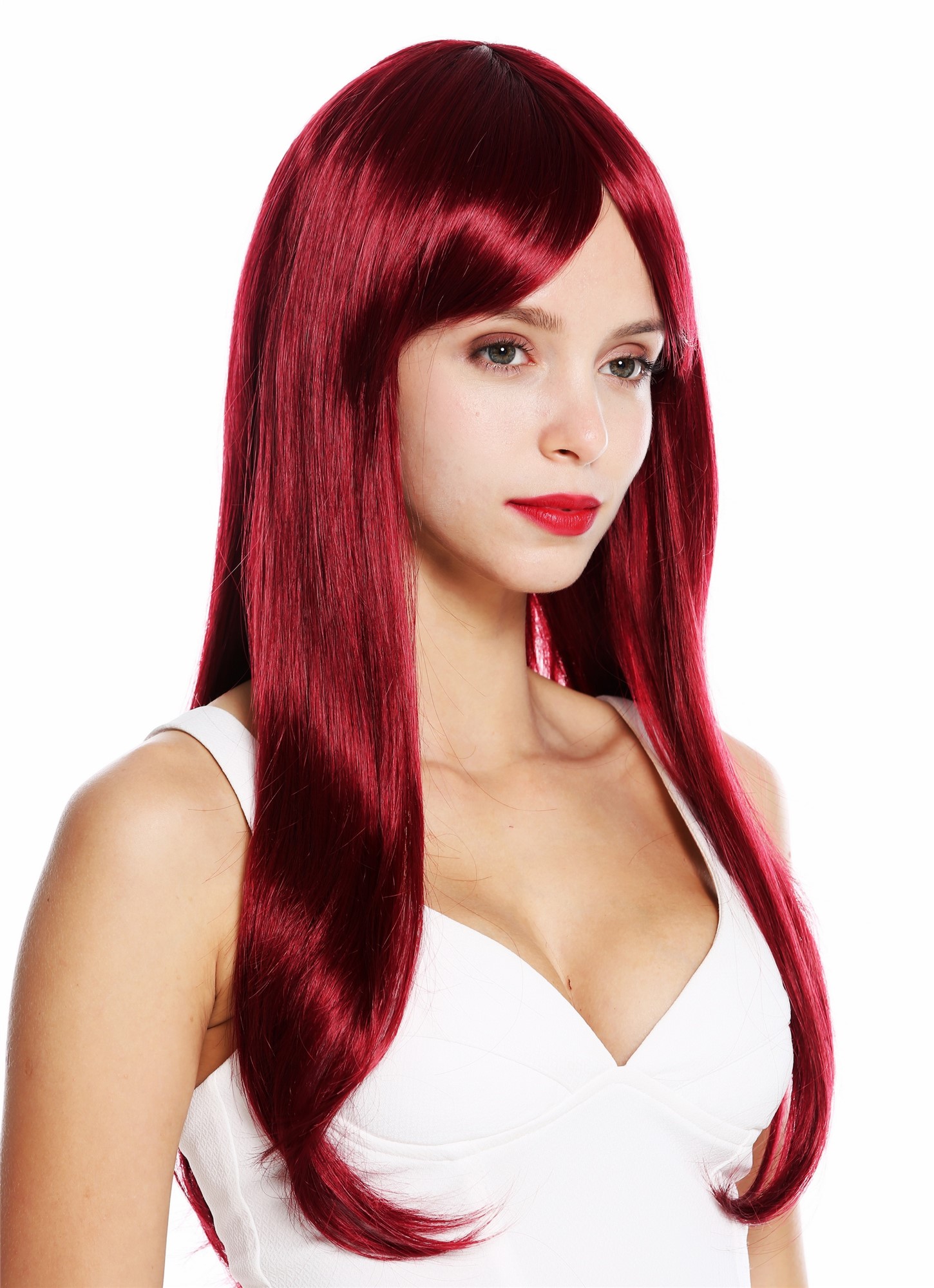 hochwertige Qualitätsperücken, Perücke lang glatt Pony gescheitelt Rot Burgunderrot VK-30-118, Ansicht 2, WIG ME UP: Ihr Perücken Online Shop glatte Tressen-Perücke Auberginerot lange Haare für Damen
