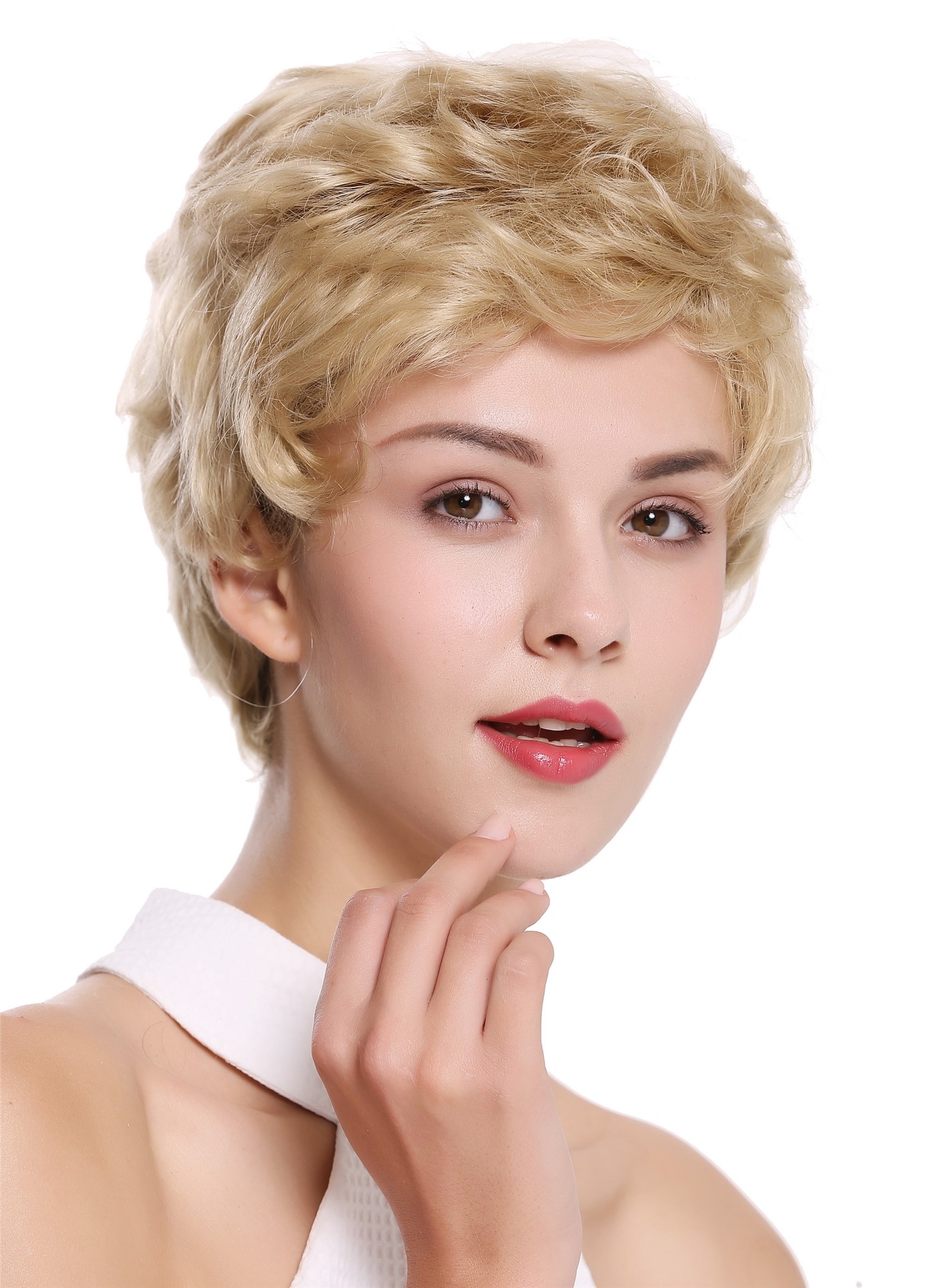 Lady wig real human hair women short wavy stylish blonde NG-HH, front view, WIG ME UP: Your Perücken Online Shop Quality Wigs, Unisex, ash blonde, wavy, short, 100% Human Hair