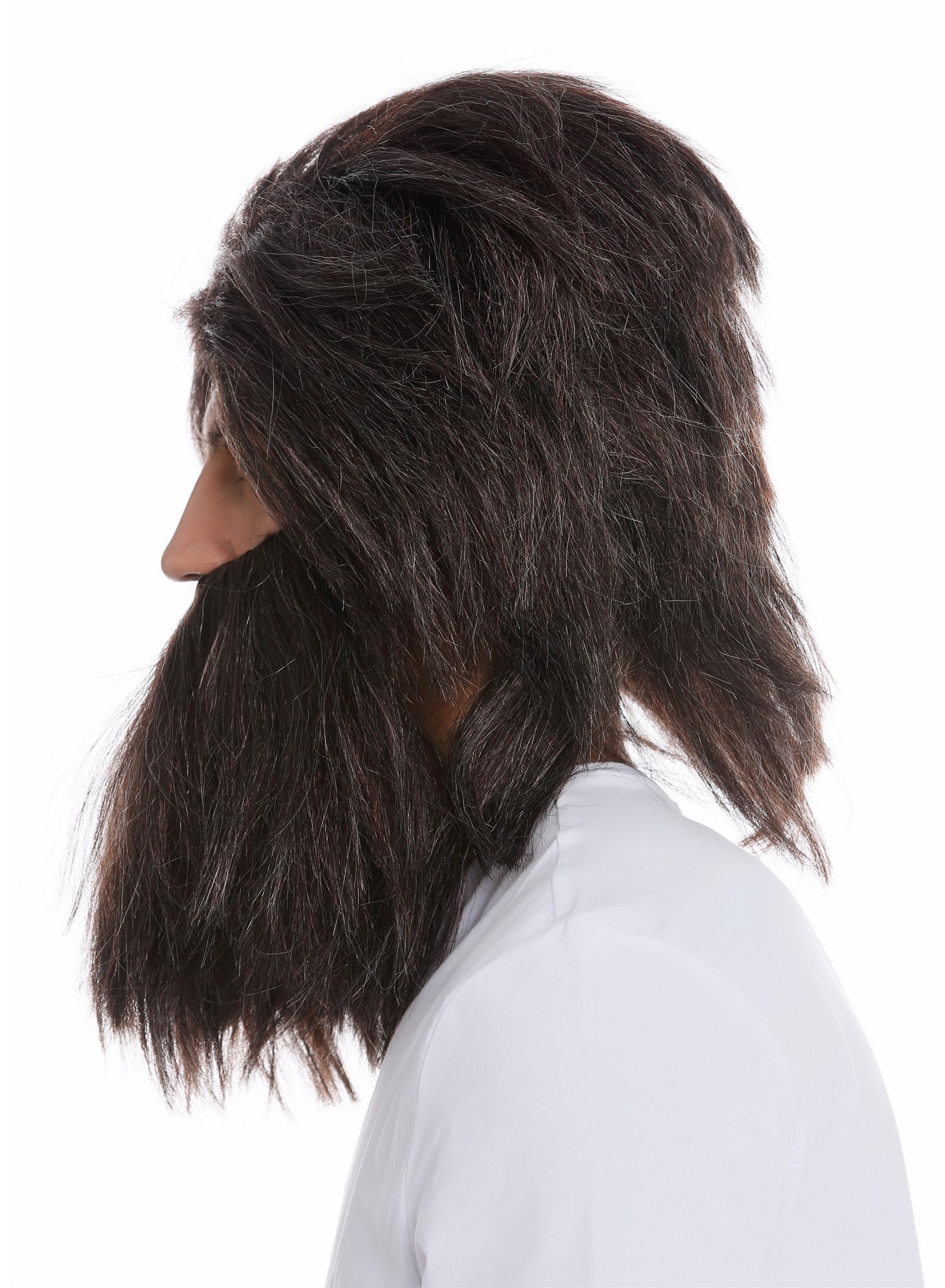 günstige Party Perücke, Perücke Bart Urmensch Neandertaler Wild Braun Mix Grau 6090A+B-P1-P68A-P30, Ansicht 5, WIG ME UP: Ihr Perücken Online Shop glatte Party Perücke Schwarz-Weiß-Kastanienbraun-Mix kurze Haare für Herren