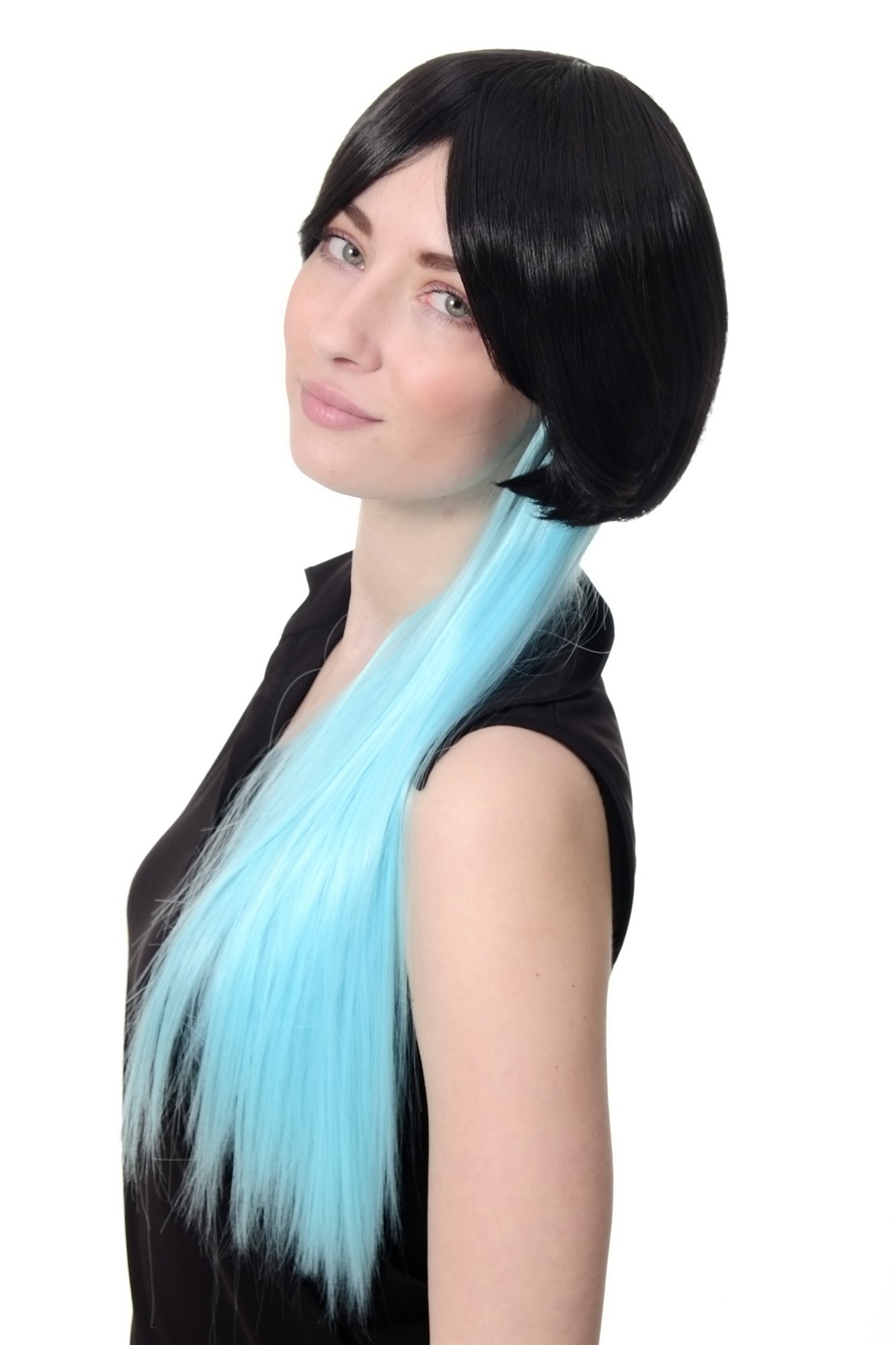 hochwertige Qualitätsperücken, Perücke Cosplay schwarz Bob Zopf cyan SA074-2HTF2513, Ansicht 3, WIG ME UP: Ihr Perücken Online Shop glatte Tressen-Perücke mit Kopfhaut-Imitat Schwarz-Hellblau lange Haare für Damen
