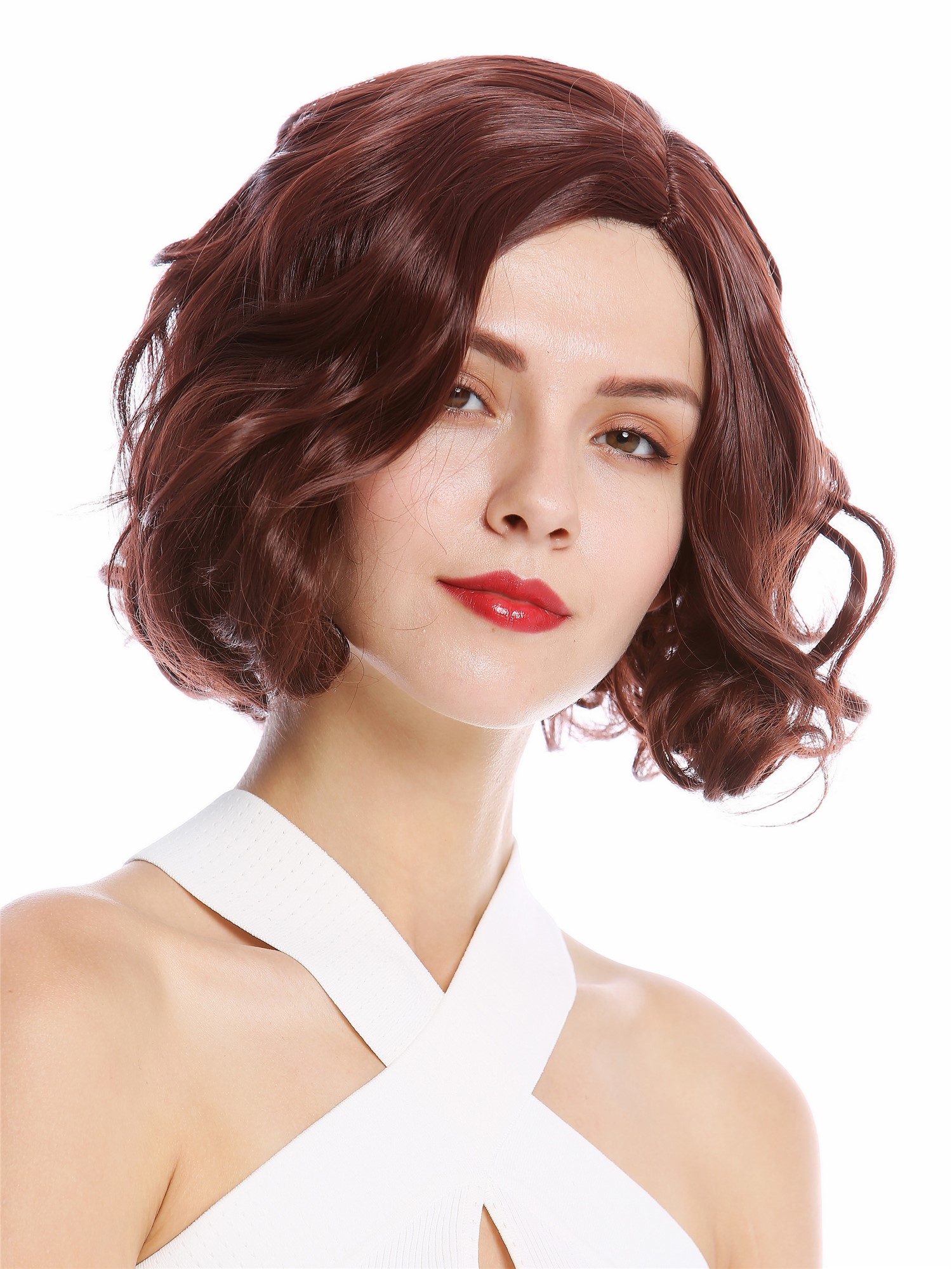 hochwertige Qualitätsperücken, Perücke kurz Longbob gewellt Mittelscheitel Mahagoni Rotbraun YZF-4372-33, Ansicht 2, WIG ME UP: Ihr Perücken Online Shop lockige Tressen-Perücke mit Kopfhaut-Imitat Mahagonibraun kurze Haare für Damen