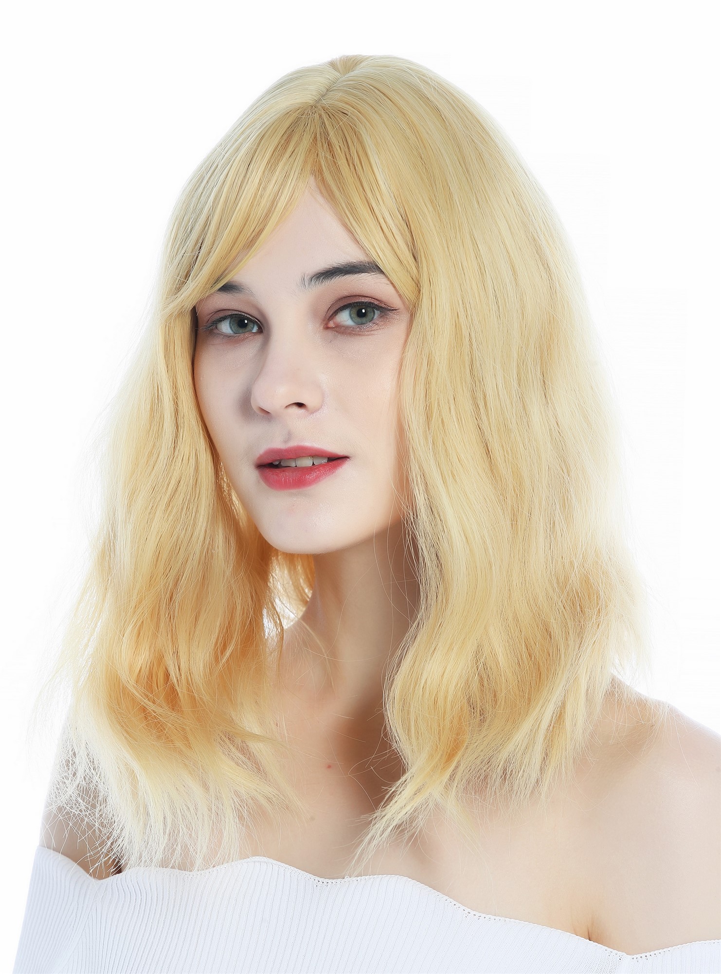 hochwertige Qualitätsperücken, Perücke gescheitelter Pony schulterlang Welle Blond Goldblond MLX074-15/36A/031, Vorderansicht, WIG ME UP: Ihr Perücken Online Shop wellige Tressen-Perücke mit Kopfhaut-Imitat Goldblond schulterlange Haare für Damen