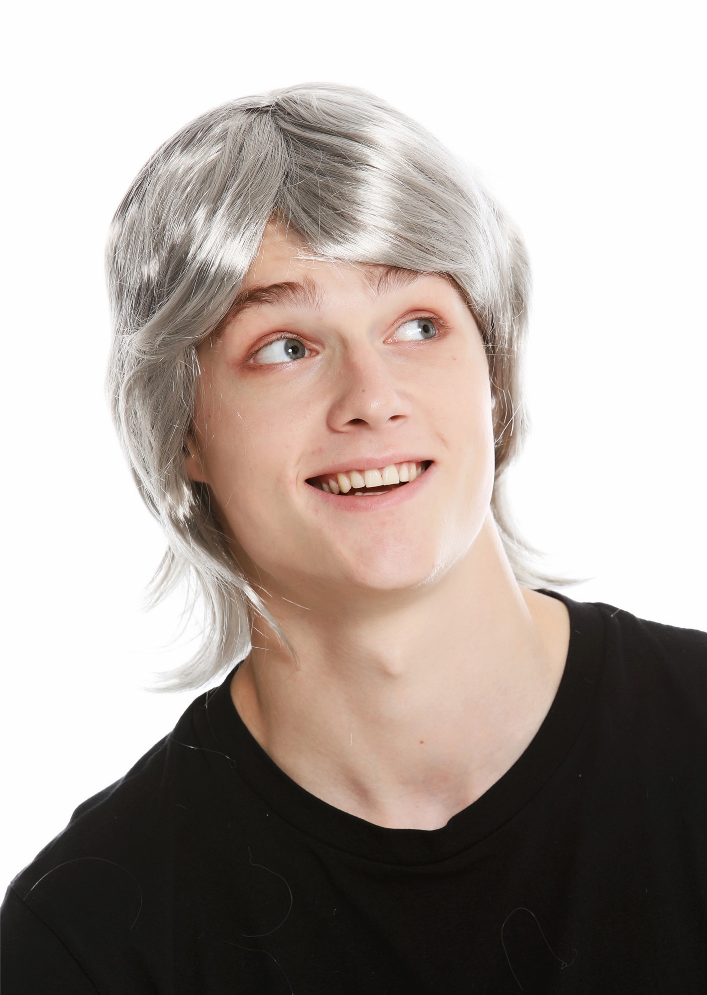 günstige Party Perücke, Perücke Bart Set 70er Jahre Bulle Grau 91105-ZA68R, Vorderansicht, WIG ME UP: Ihr Perücken Online Shop wellige Party Perücke Grau schulterlange Haare Unisex
