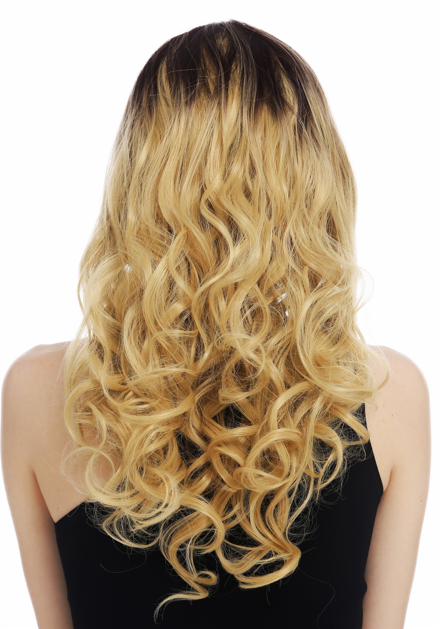 hochwertige Qualitätsperücken, Perücke lang Locken gestuft Ombre Dunkelbraun Blond TYS-1071-4BTT86, Ansicht 6, WIG ME UP: Ihr Perücken Online Shop lockige Tressen-Perücke mit Kopfhaut-Imitat Braun-Blond-Mix lange Haare für Damen