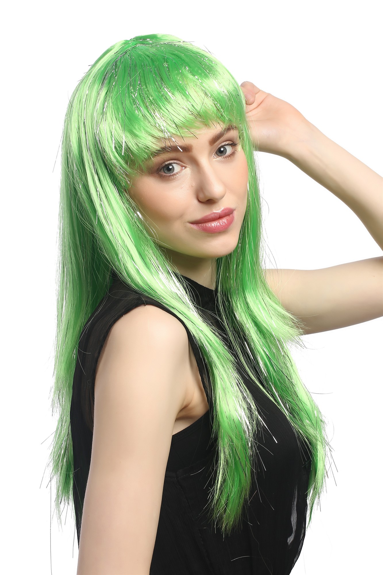 XR-003-PC15 Lady Party Wig Halloween long straight bangs streaked with silver tinsel strands green, front view, WIG ME UP: Your Perücken Online Shop Party Wig, Ladies, light green, straight, long