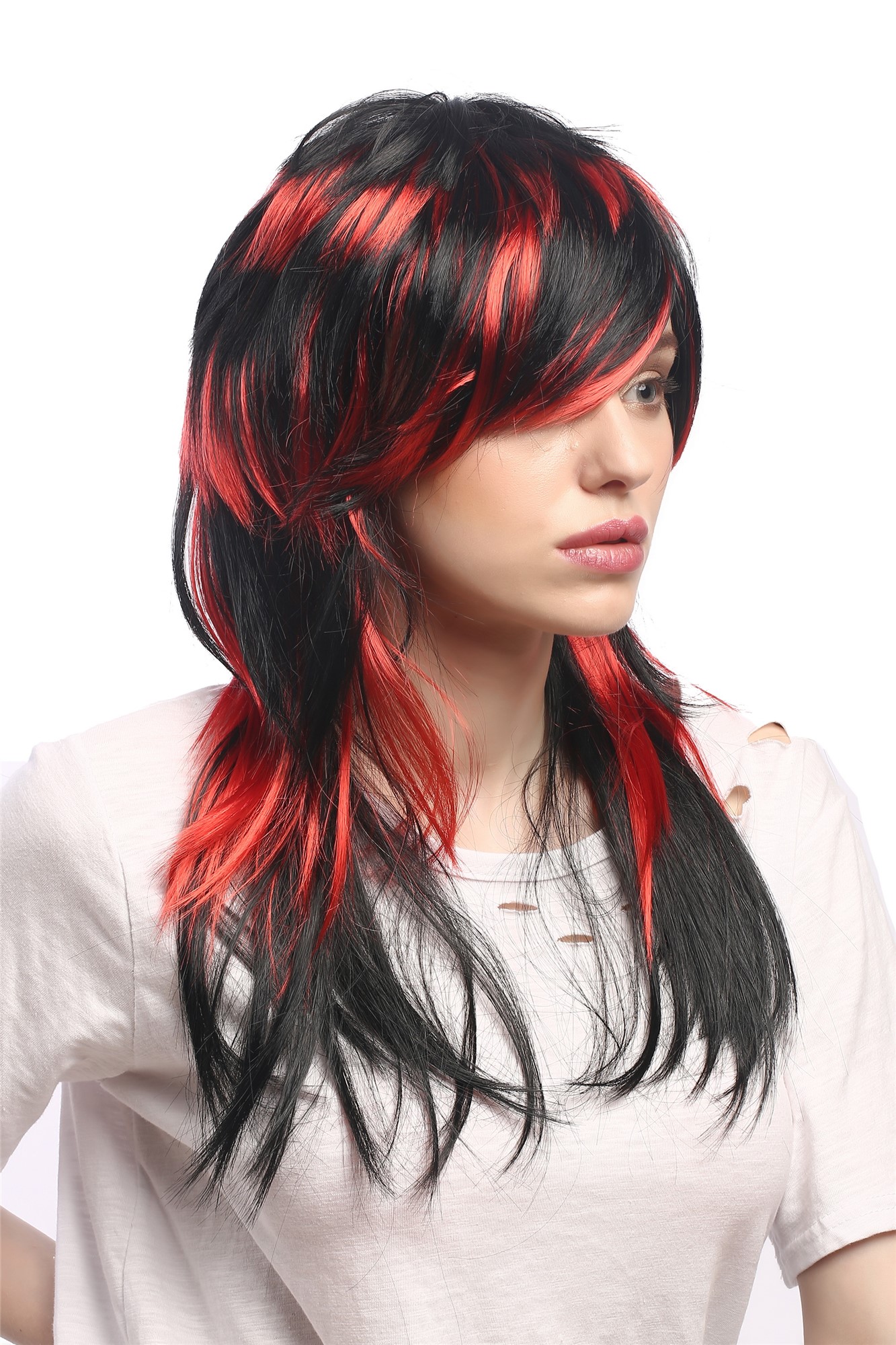 Lady Party Wig Cosplay sexy Emo witch She-Devil vampire black red strands long straight Goth Punk, view 2, WIG ME UP: Your Perücken Online Shop Party Wig, Ladies, Red, Black, straight, long