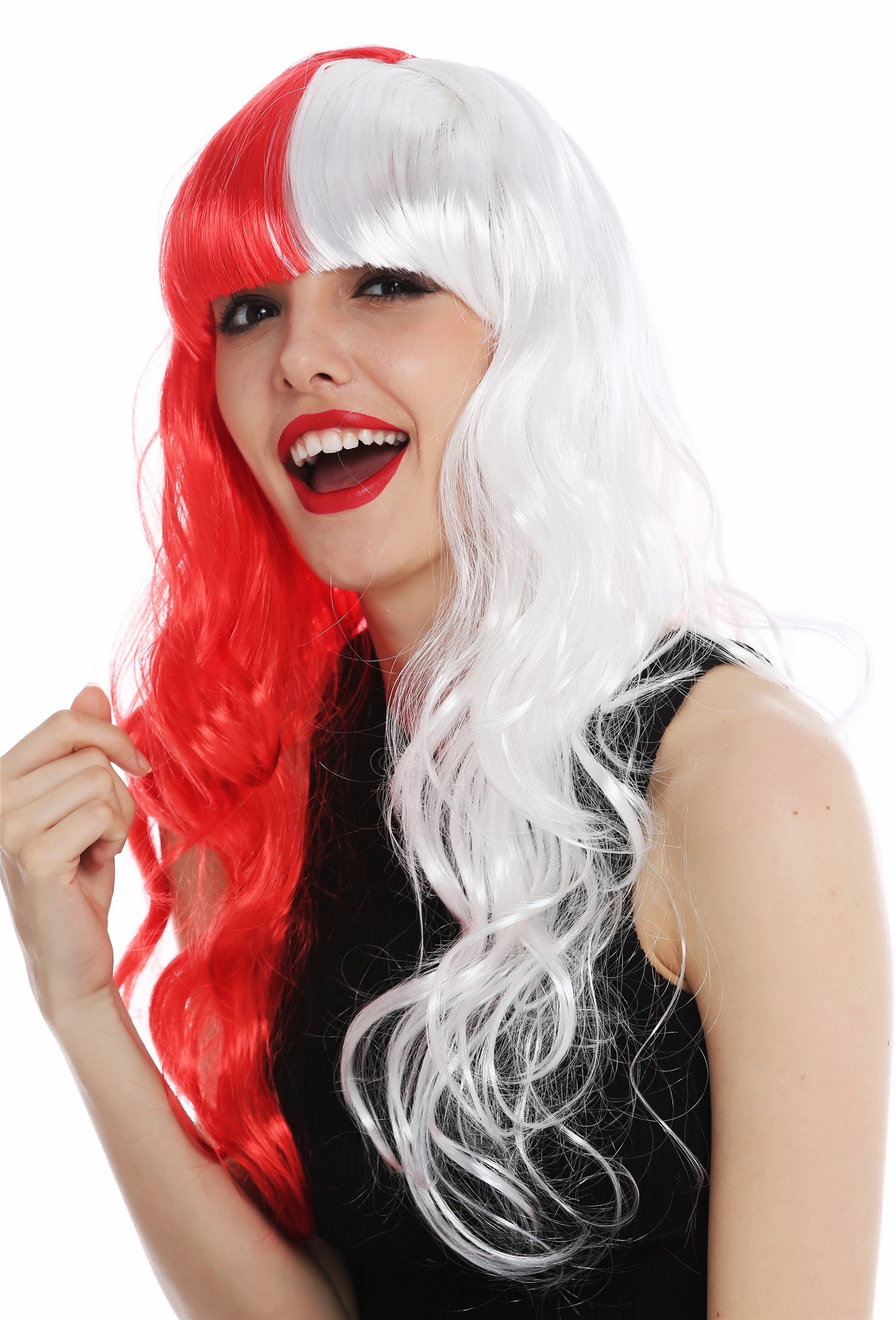 Women's wig Halloween carnival long fringe red white half and half DEC118, front view, WIG ME UP: Your Perücken Online Shop Party Wig, Ladies, bright red and white mix, wavy, long