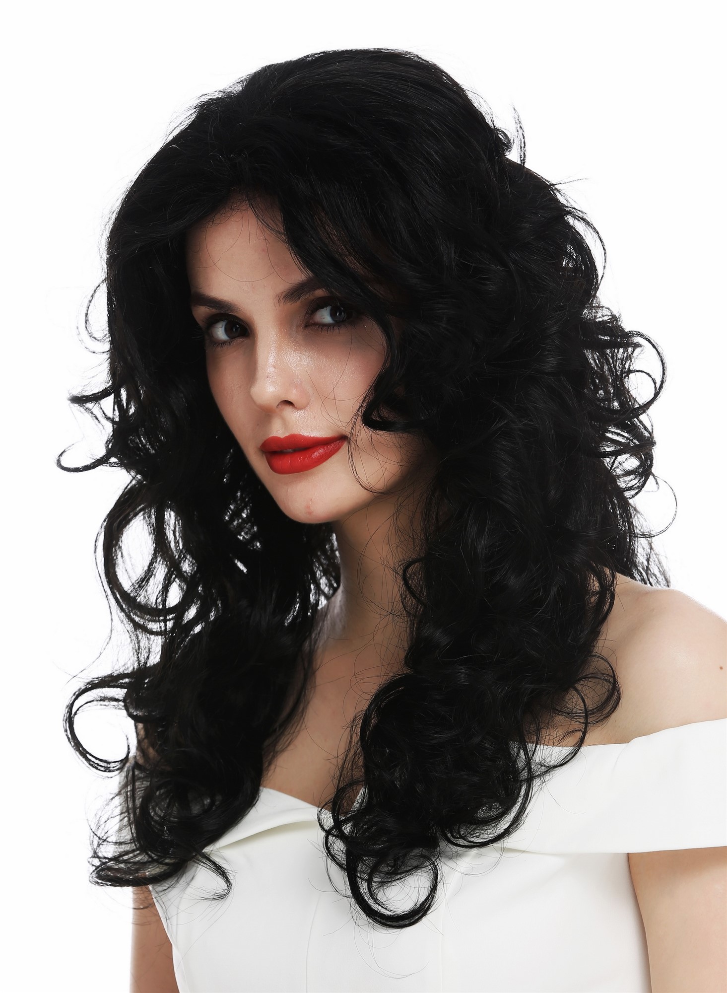 hochwertige Qualitätsperücken, Perücke Lace-Front lang voluminös lockig Locken Schwarz TYM-1409-LF-1, Vorderansicht, WIG ME UP: Ihr Perücken Online Shop lockige Tressen-Perücke mit Front-Lace Schwarz lange Haare für Damen