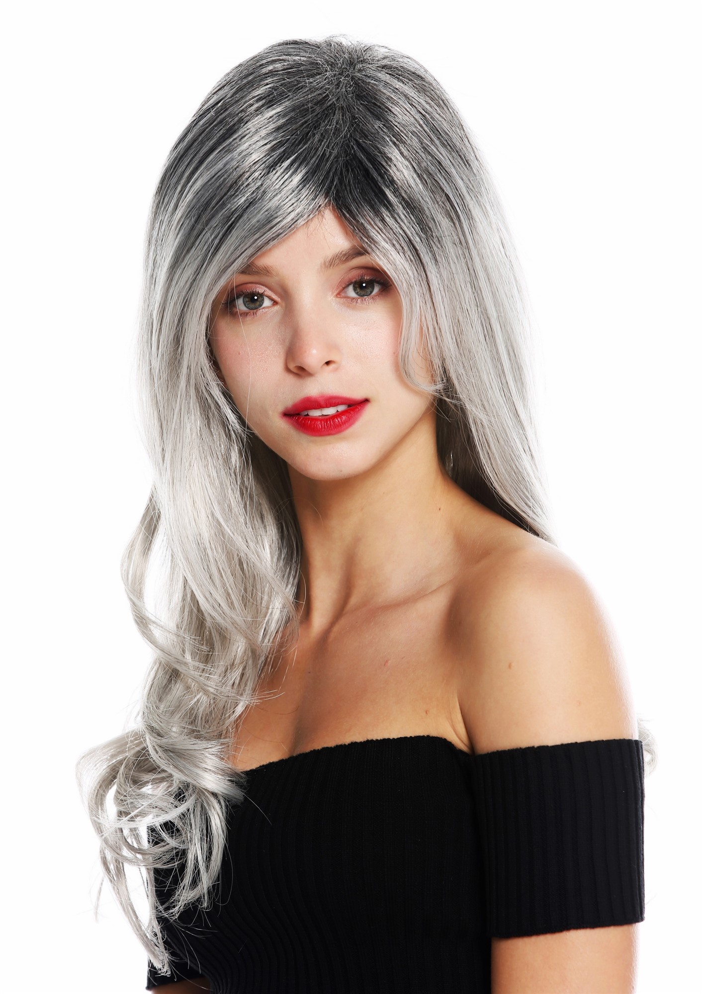 hochwertige Qualitätsperücken, Perücke lang wellig Balayage Schwarz Grau GFW2195-56+1T56, Ansicht 3, WIG ME UP: Ihr Perücken Online Shop wellige Tressen-Perücke Grau-Schwarz-Mix lange Haare für Damen