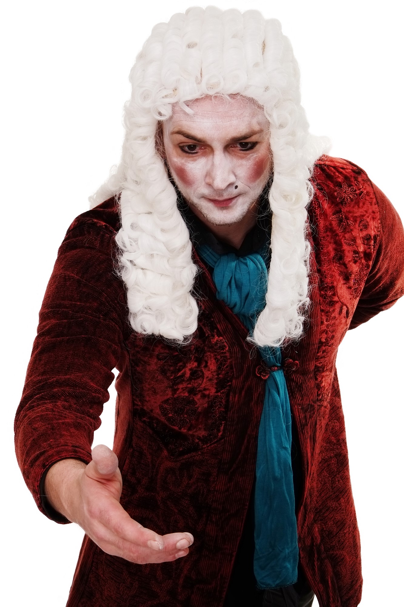 günstige Party Perücke, Perücke Adliger Richter Lord Weiß Barock Komponist WIG002-P60, Vorderansicht, WIG ME UP: Ihr Perücken Online Shop lockige Party Perücke Weiß lange Haare für Herren