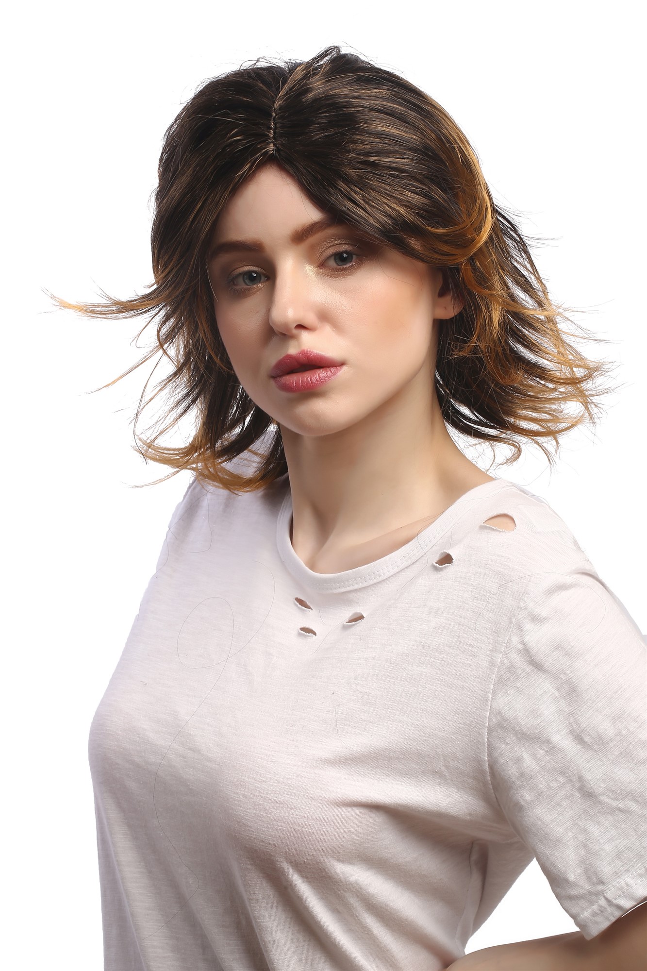 günstige Party Perücke, Perücke Braun Blond Strähnen Wild Kurz 6046-P27TP1, Ansicht 2, WIG ME UP: Ihr Perücken Online Shop wellige Party Perücke Braun schulterlange Haare für Damen