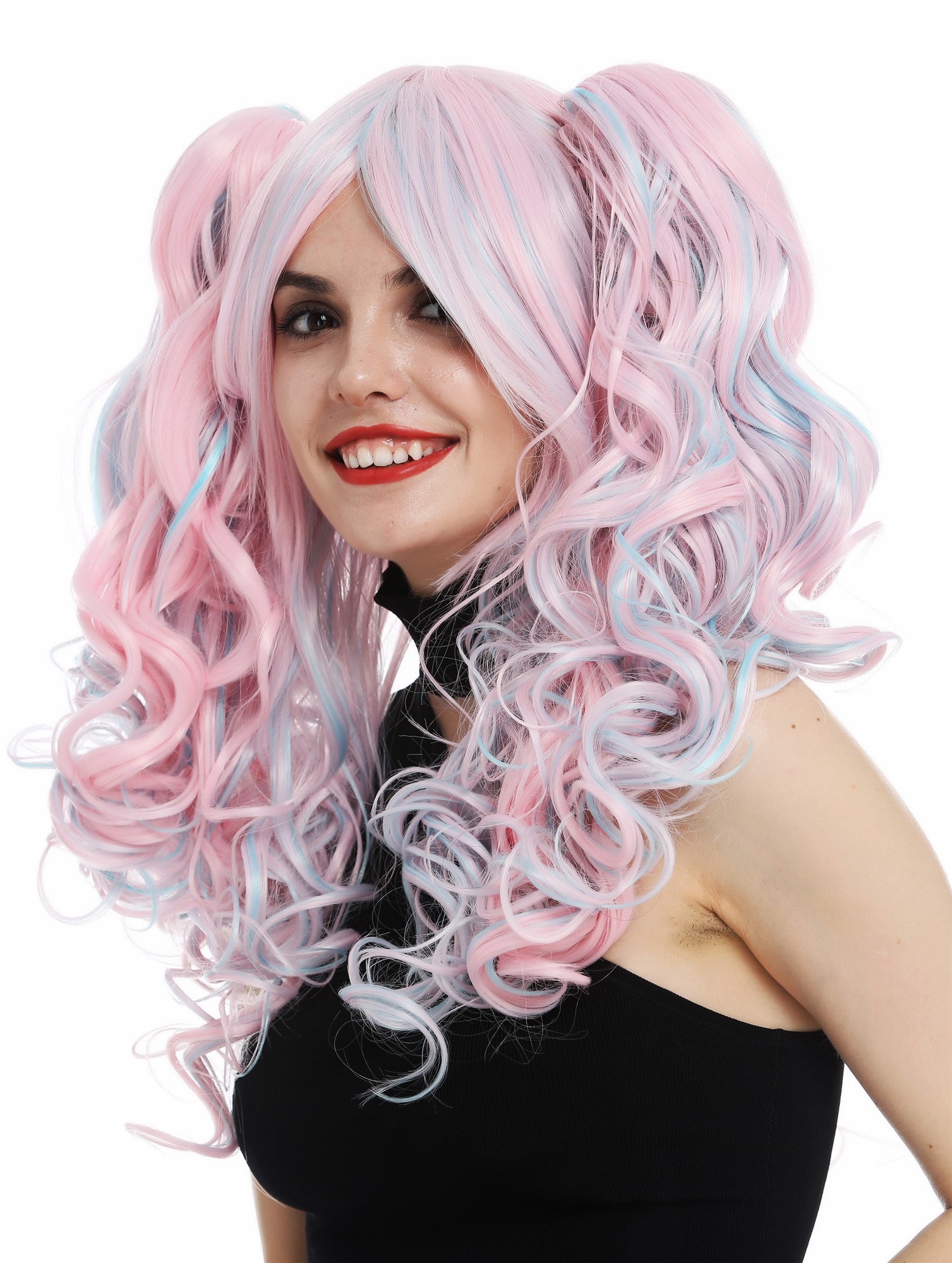 hochwertige Qualitätsperücken, Perücke Cosplay Lolita 2 Zöpfe Rosa Blau Mix lang lockig TYS-295+298-T1911HTF2513, Vorderansicht, WIG ME UP: Ihr Perücken Online Shop lockige Tressen-Perücke mit Kopfhaut-Imitat Rosa-Blau-Mix lange Haare für Damen