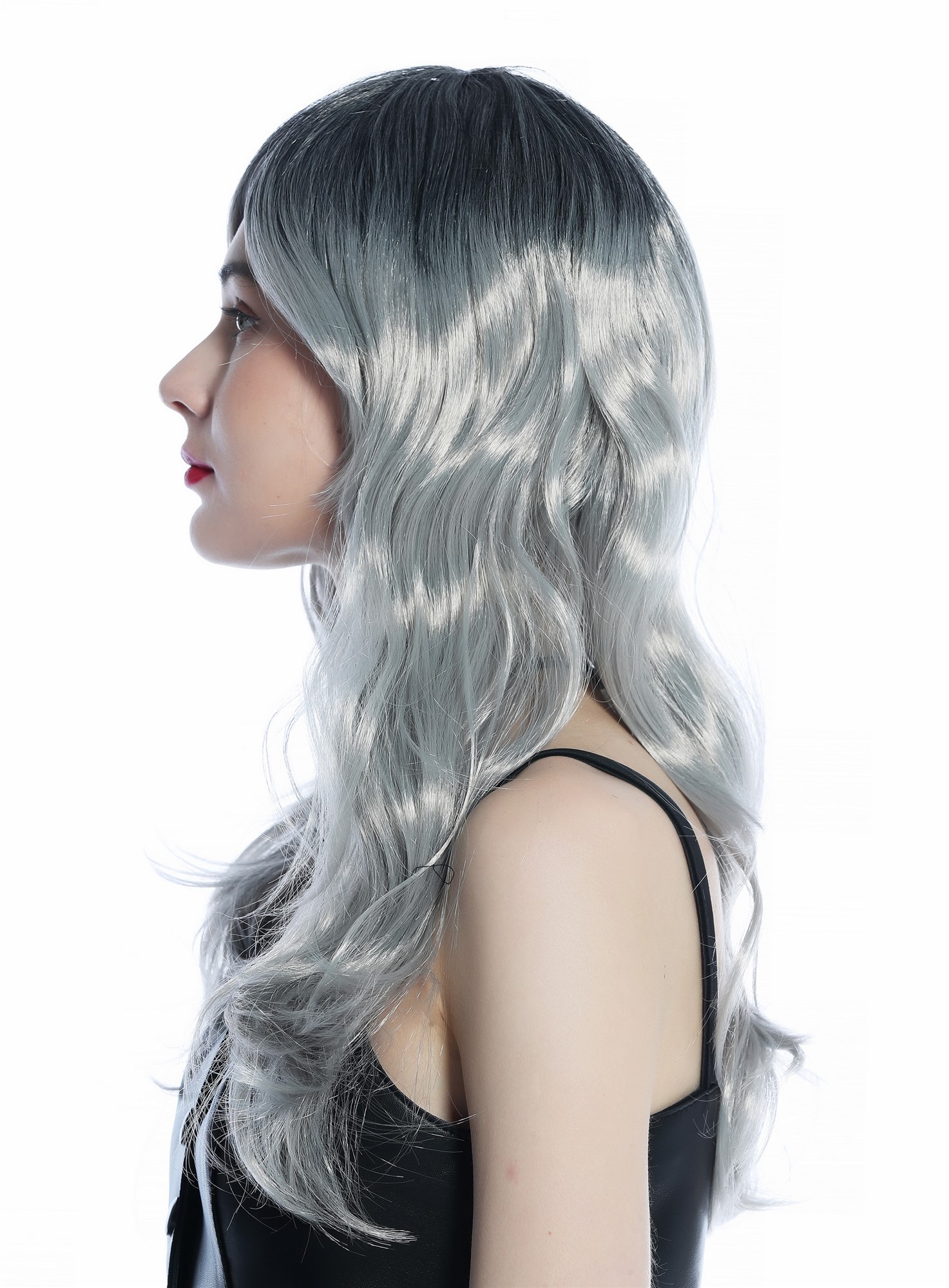 Long Wavy Lady Wig Halloween Carnival Ombre colour black to silver grey 21014, view 3, WIG ME UP: Your Perücken Online Shop Party Wig, Ladies, Black gradient in silver gray, wavy, long