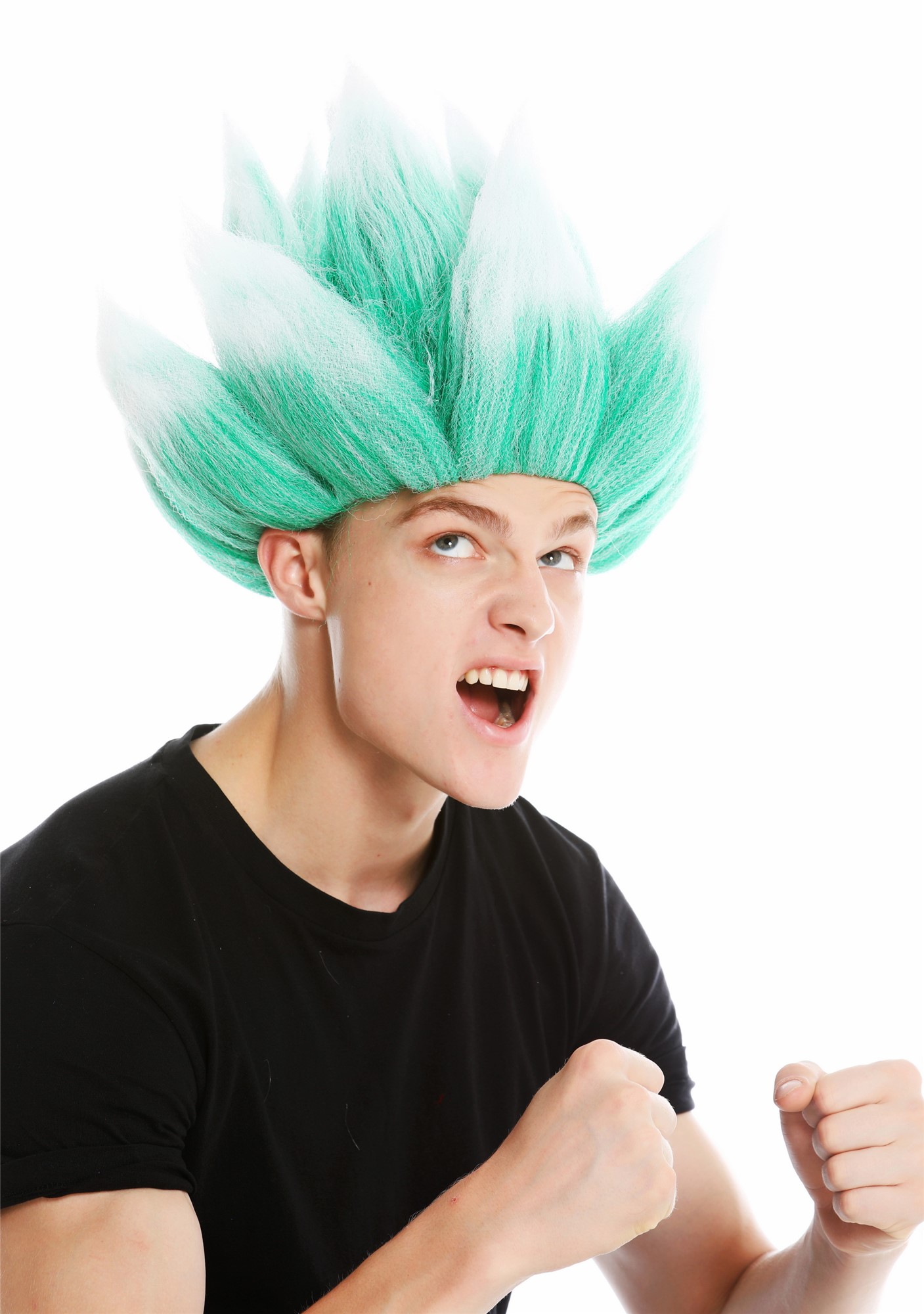 Wig men women carnival teased high demon devil troll flower green white LM-19, front view, WIG ME UP: Your Perücken Online Shop Party Wig, Unisex, Light green with white tips, wavy, short