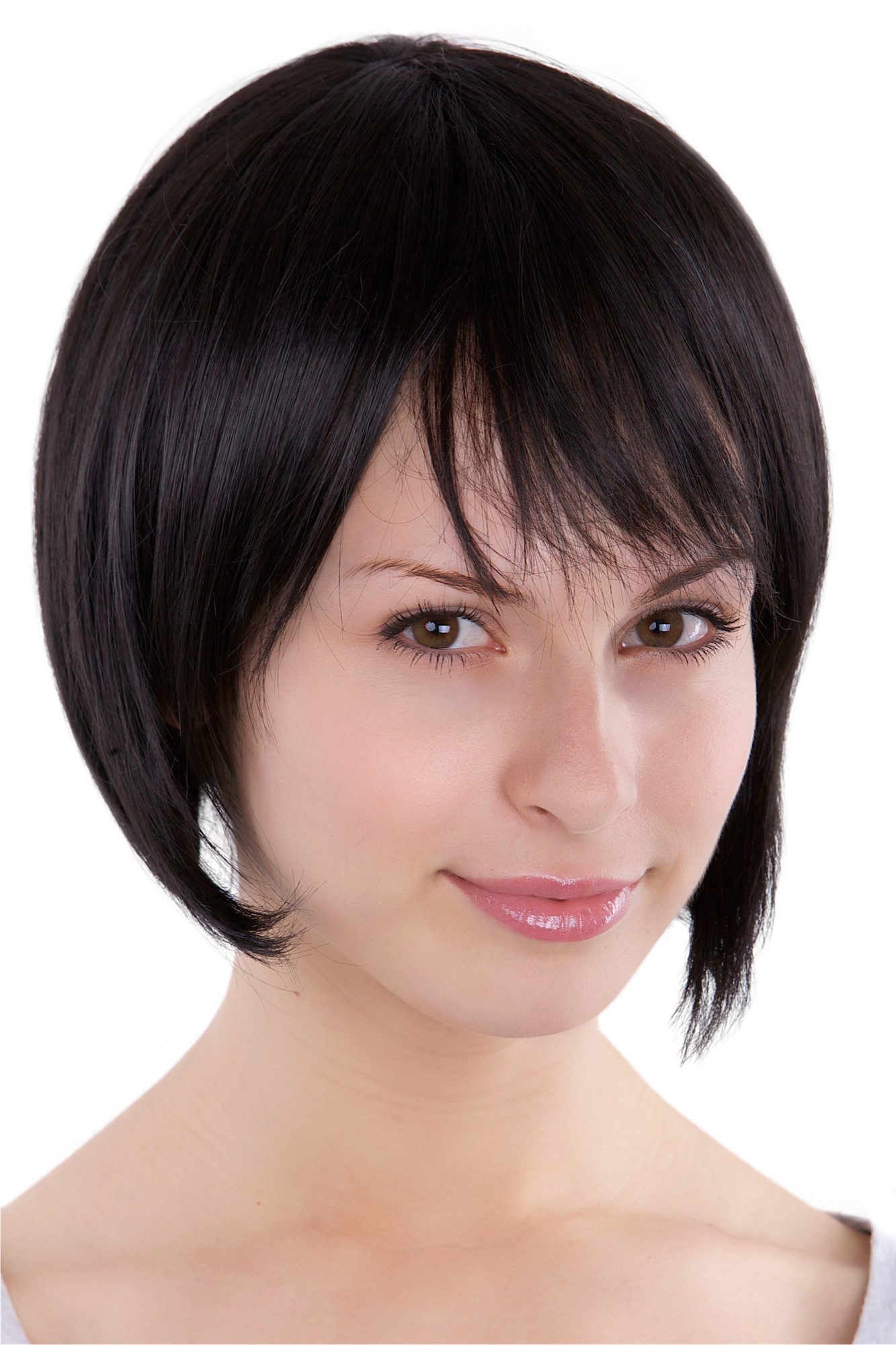 hochwertige Qualitätsperücken, Perücke schwarz schwarzbraun mit Bobfrisur 8525-2, Vorderansicht, WIG ME UP: Ihr Perücken Online Shop glatte Tressen-Perücke mit Kopfhaut-Imitat Schwarzbraun kurze Haare für Damen