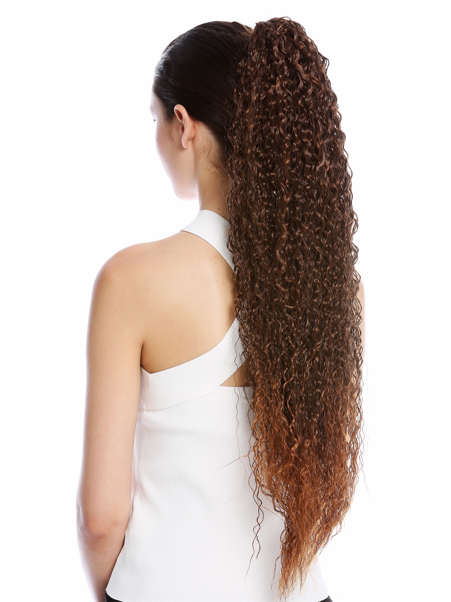 Ponytail long voluminous curled kinks kinked beach bleach black copper N857, front view, WIG ME UP: Your Perücken Online Shop Ponytails, brown mix, curled, very long