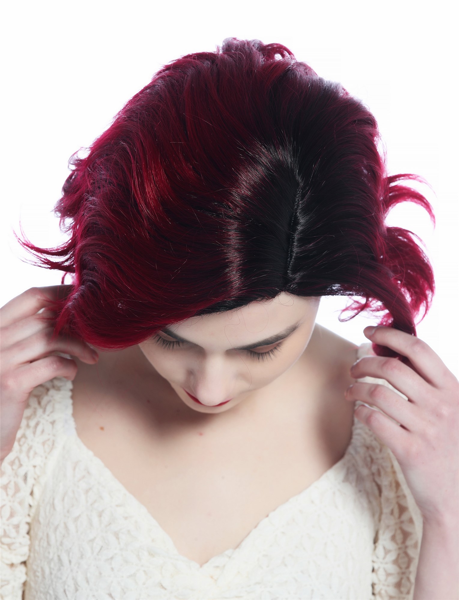 Ladies' wig short wild wavy parting parted ombre black red DW3334, view 6, WIG ME UP: Your Perücken Online Shop Quality Wigs, Ladies, black-red gradient, wavy, shoulder-length