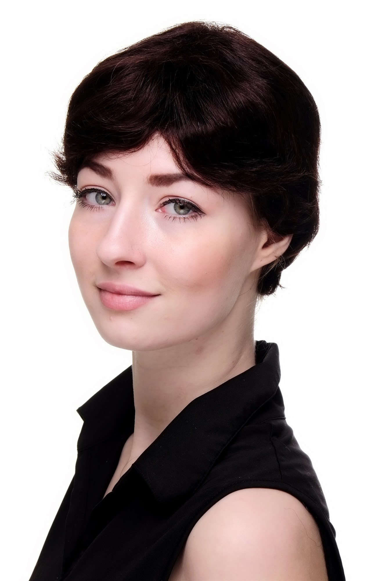 hochwertige Qualitätsperücken, Echthaarperücke Dunkelbraun Kurz Wellig 9908HH-4, Ansicht 2, WIG ME UP: Ihr Perücken Online Shop wellige Tressen-Perücke 100% Echthaar Braun kurze Haare für Damen