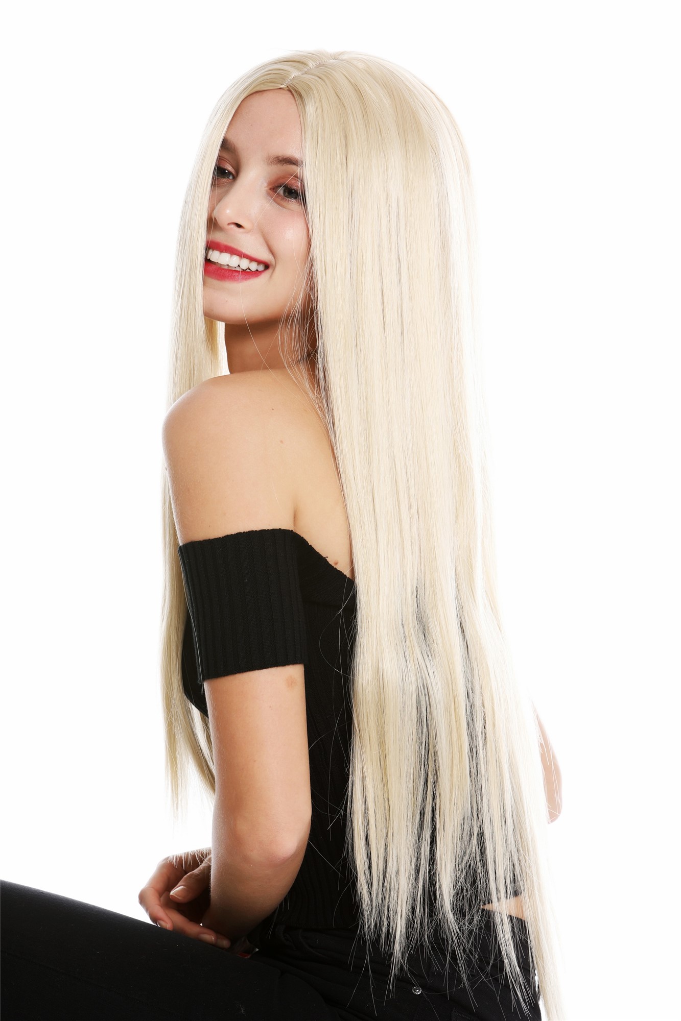 hochwertige Qualitätsperücken, Perücke lang glatt Mittelscheitel Hellblond K9293L-B80, Vorderansicht, WIG ME UP: Ihr Perücken Online Shop glatte Tressen-Perücke mit Kopfhaut-Imitat Hellblond sehr lange Haare für Damen