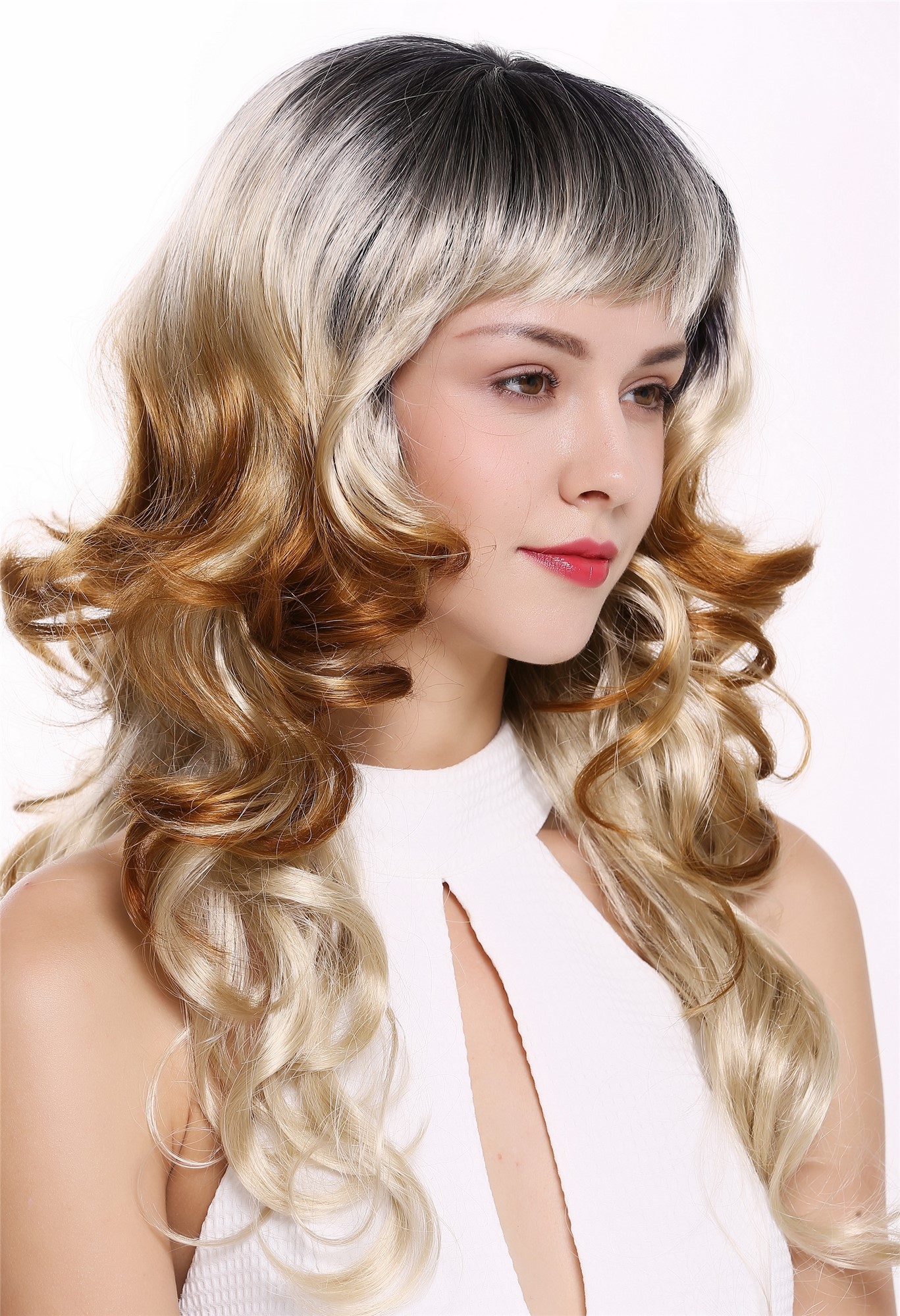 hochwertige Qualitätsperücken, Perücke Lang Locken Pony Ombre Blond 1002A-Y24SP613Y1BY27, Ansicht 2, WIG ME UP: Ihr Perücken Online Shop lockige Tressen-Perücke mit Kopfhaut-Imitat Schwarz-Aschblond-Erdbeerblond lange Haare für Damen