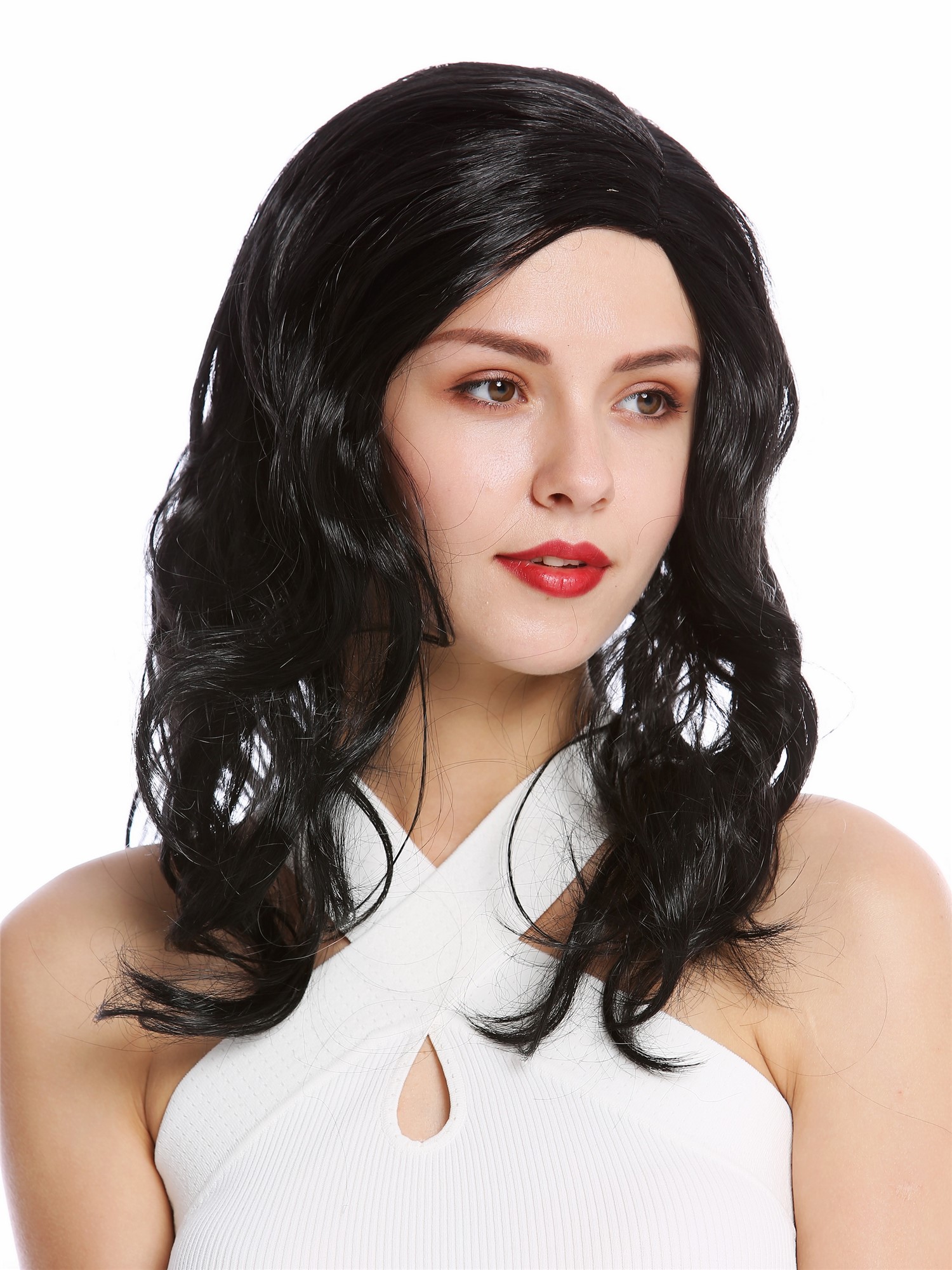 Lady party wig  women Halloween carnival ong wavy middle-parting black 90831, front view, WIG ME UP: Your Perücken Online Shop Party Wig, Ladies, Black, wavy, long