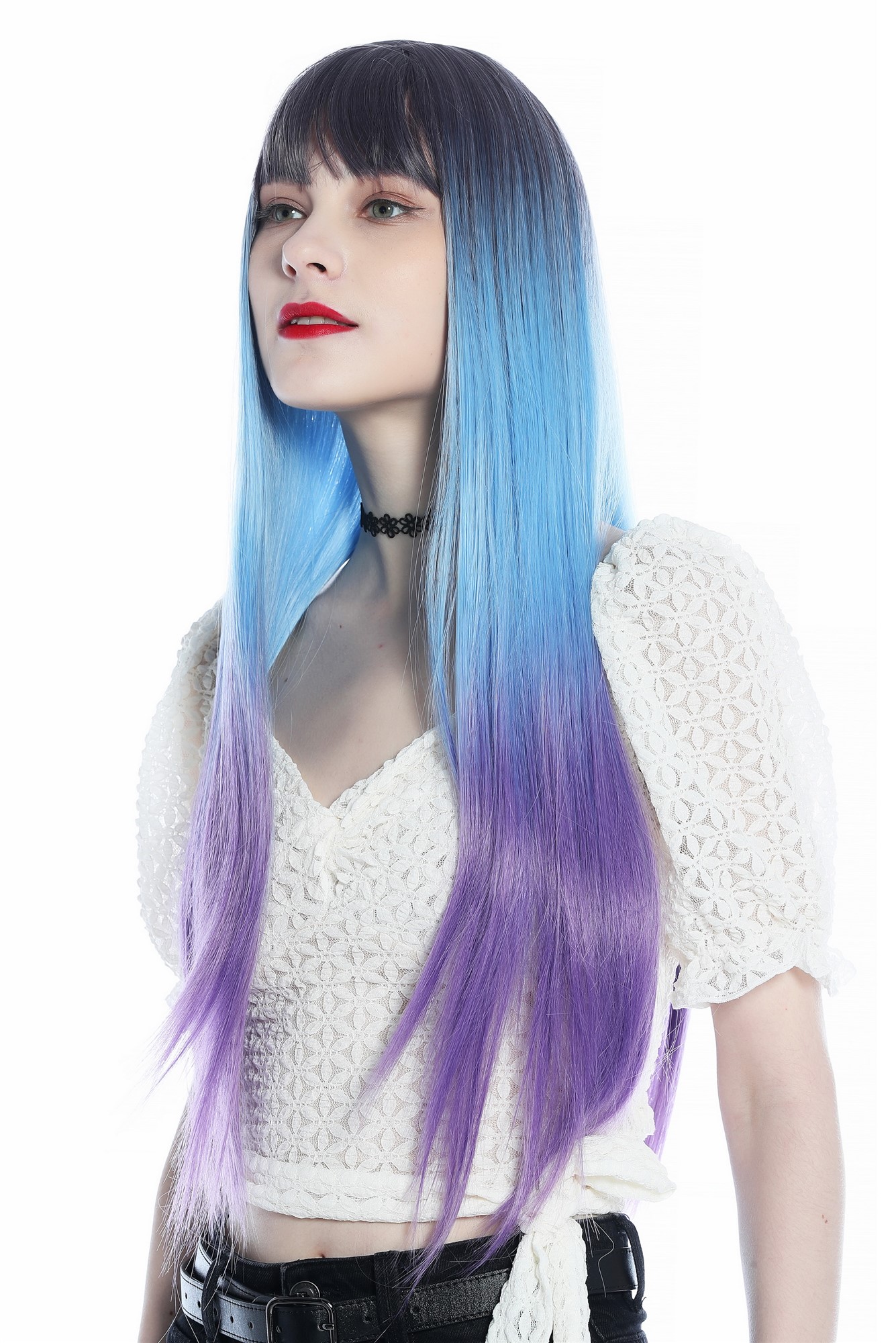 hochwertige Qualitätsperücken, Perücke lang glatt Pony Ombre Violett Hellblau Lila SZL0810B-T-002, Ansicht 2, WIG ME UP: Ihr Perücken Online Shop glatte Tressen-Perücke mit Kopfhaut-Imitat Grauviolett-Hellblau-Verlauf zu Lila lange Haare für Damen
