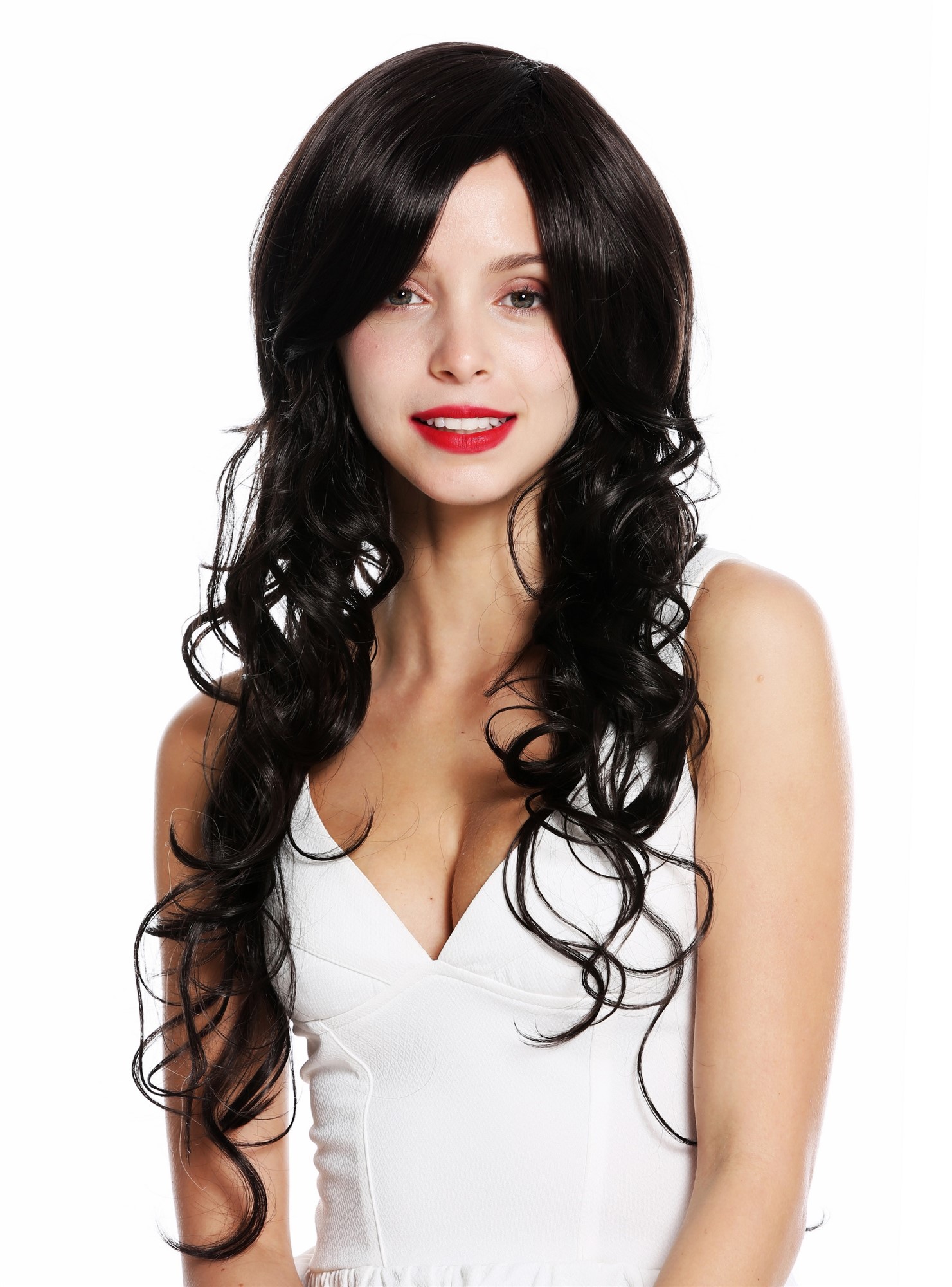 hochwertige Qualitätsperücken, Damen Perücke lang Locken Dunkelbraun VK-47-4, Ansicht 2, WIG ME UP: Ihr Perücken Online Shop lockige Tressen-Perücke mit Kopfhaut-Imitat Dunkelbraun lange Haare für Damen