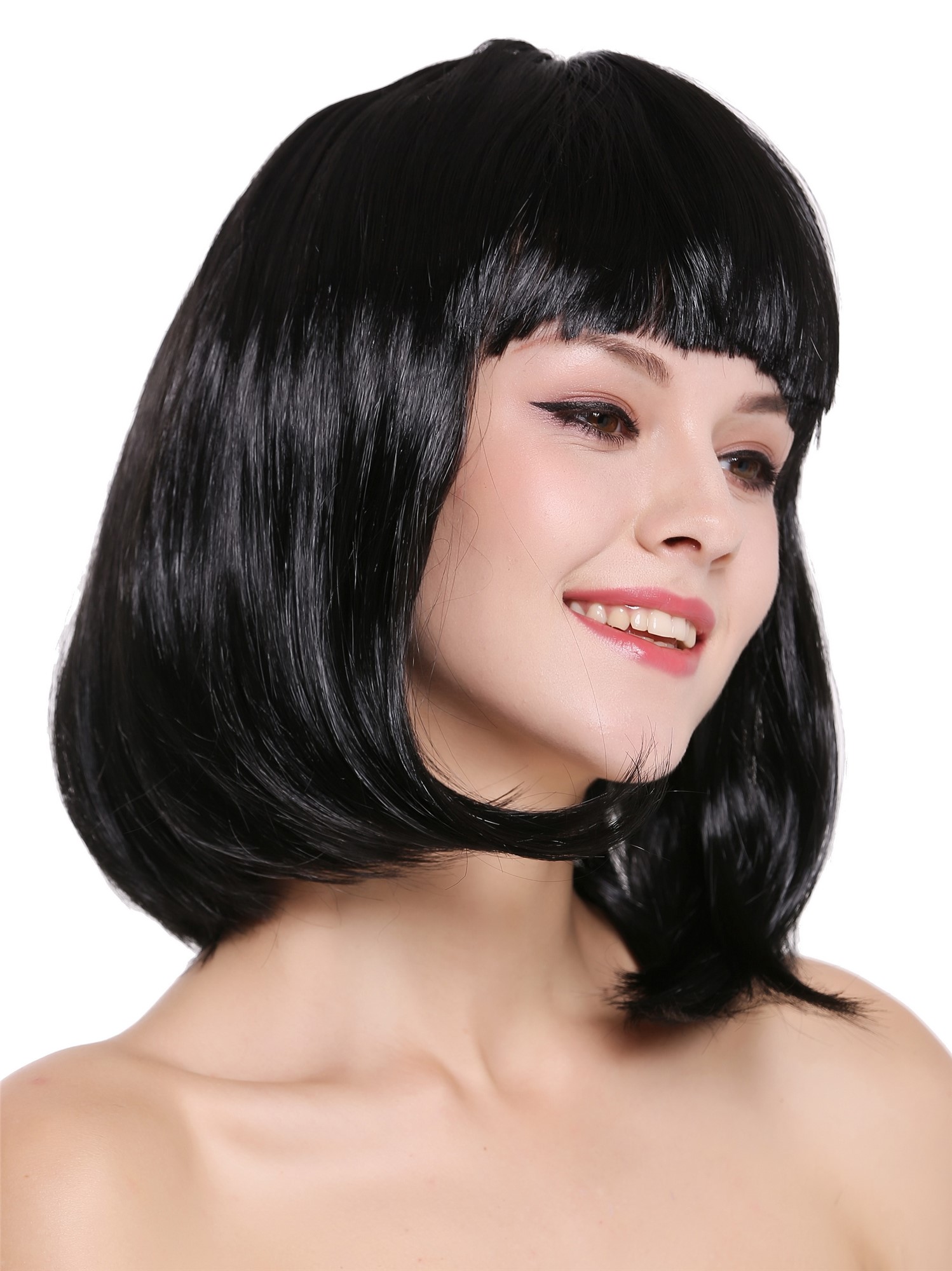 günstige Party Perücke, Perücke Bob-Frisur Longbob glatt Pony schwarz 0073-3-P103, Vorderansicht, WIG ME UP: Ihr Perücken Online Shop glatte Party Perücke Schwarz schulterlange Haare für Damen