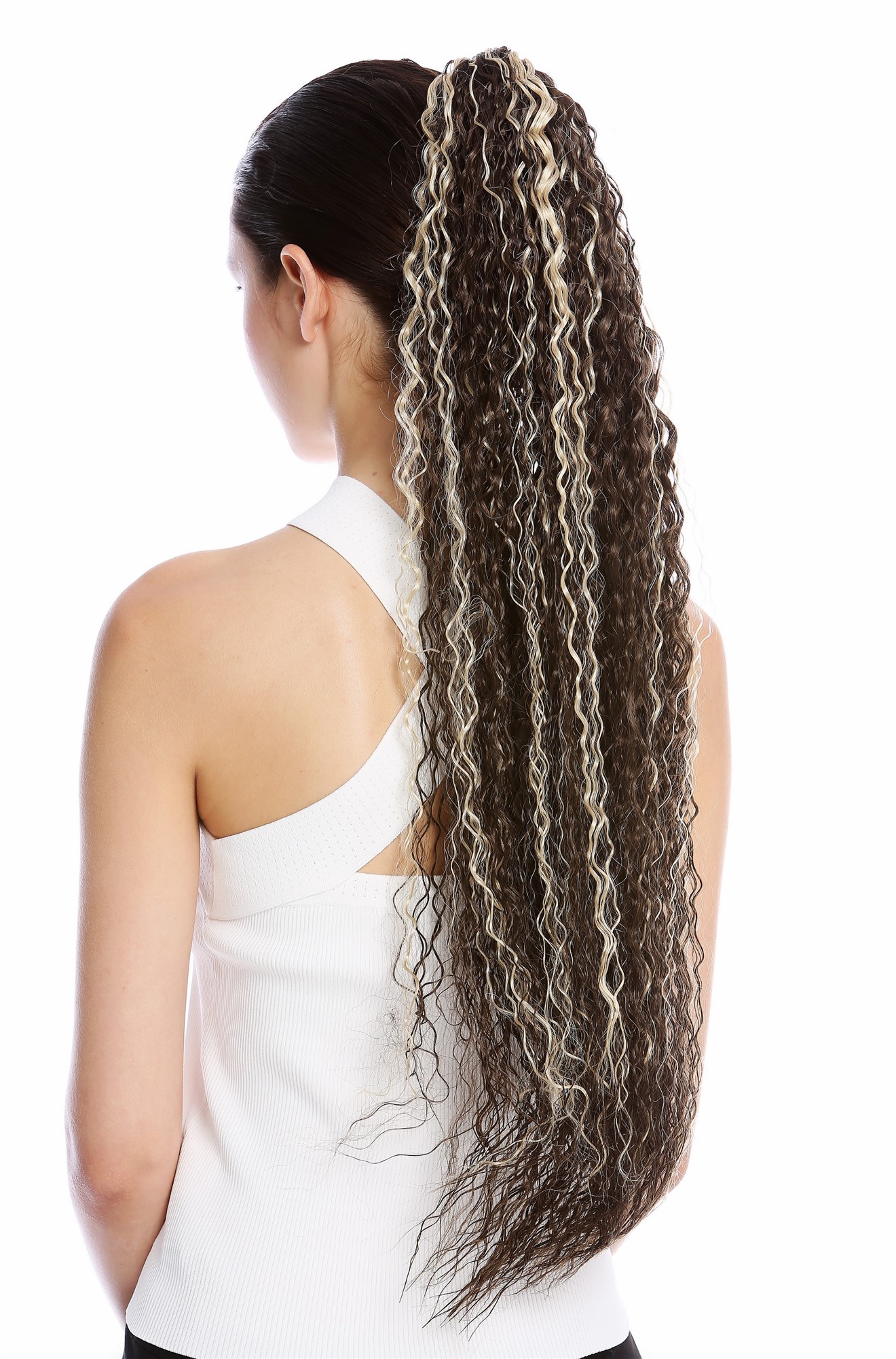 Ponytail long voluminous curled kinks kinked beach bleach brown & blonde N857, front view, WIG ME UP: Your Perücken Online Shop Ponytails, brown-blonde mix, curled, very long