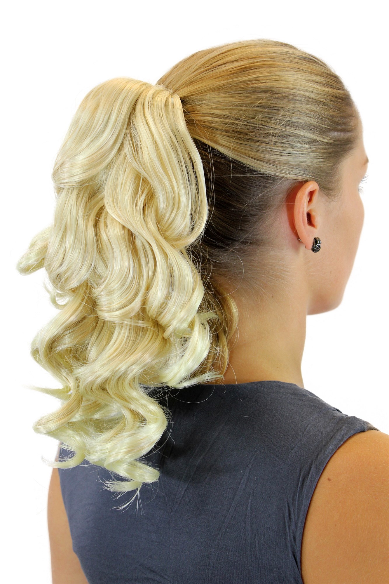 XF-6382-24BT613 Ponytail Hairpiece extension short shoulder length curled curls ash blond streaked platinum highlights 12", front view, WIG ME UP: Your Perücken Online Shop Ponytails, golden blonde-platinum blonde, curled, short